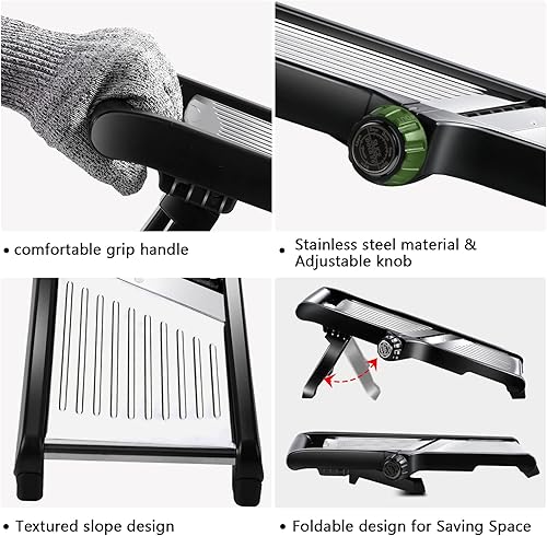 Miniatura 5 de HEVOL Cortador de mandolina ajustable, cortador de alimentos de acero inoxidable 5 en 1 con cepillo extra y guantes resistentes a los cortes,