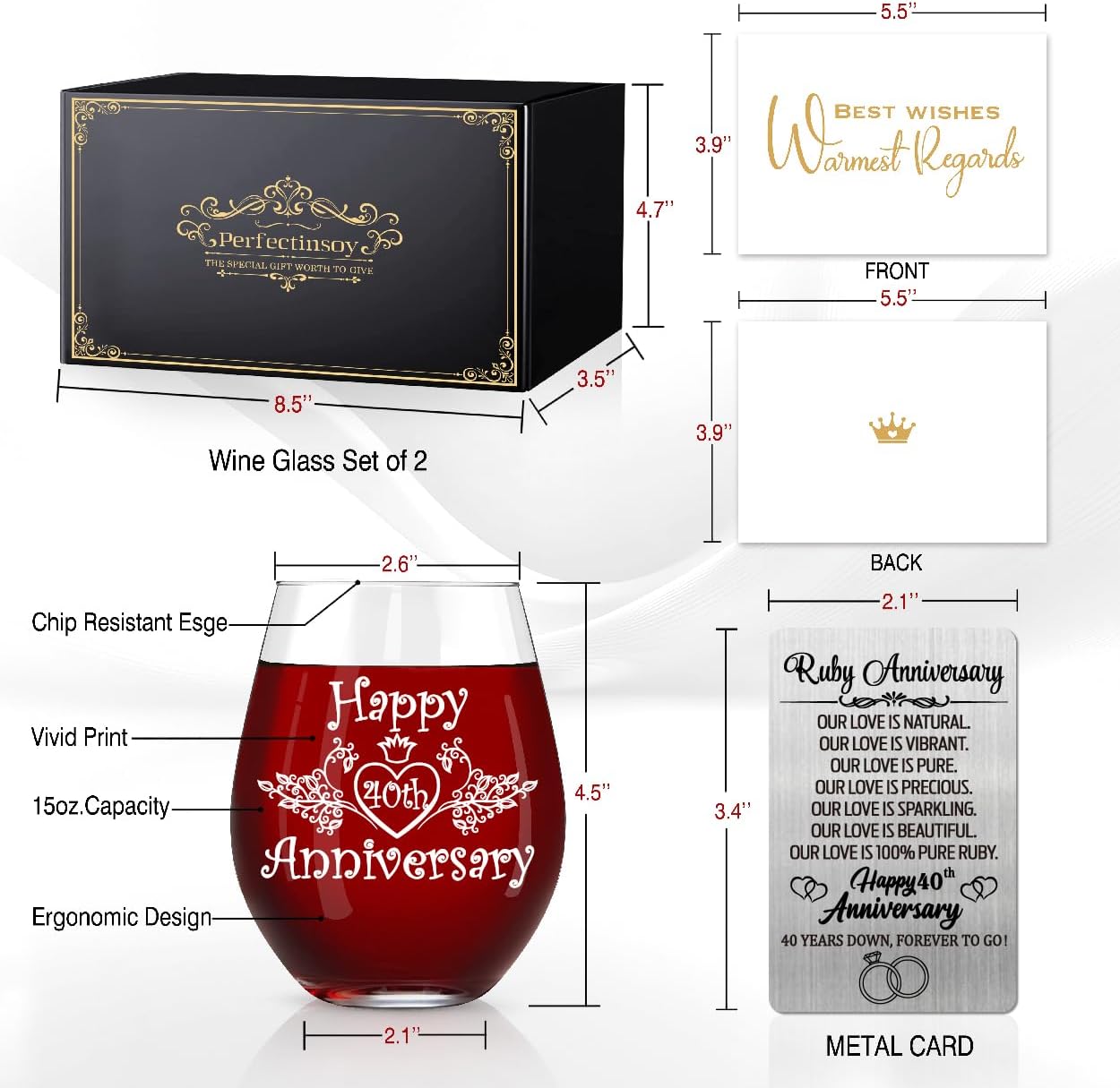 Perfectinsoy Happy 40th Anniversary Wine Glass Set With Metallic Memorial Card - Birthday Wedding Gift for Mom, Dad, Wife, Soulmate, Couple - Funny Milestone - Image 2