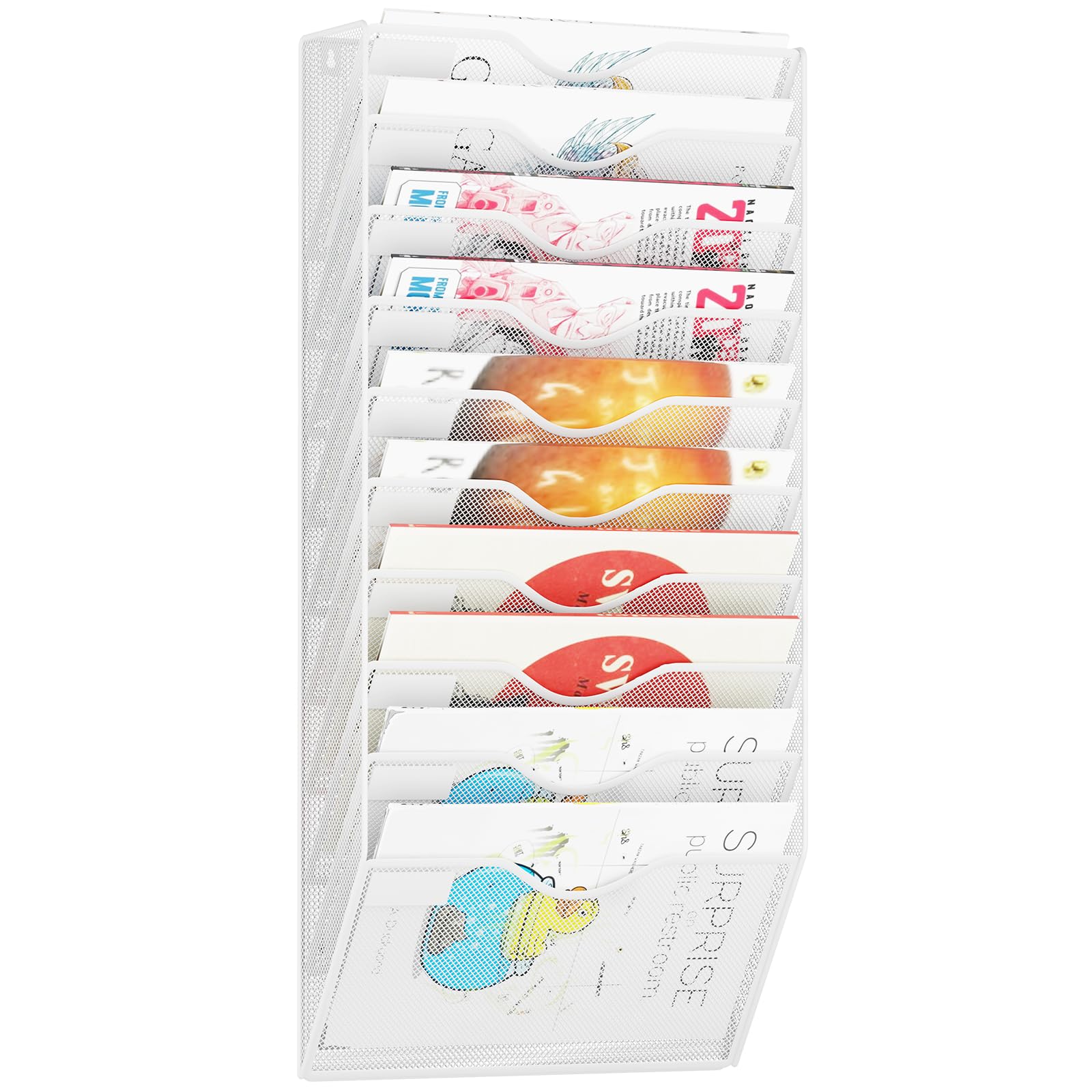 10 Pockets Hanging Wall File Organizer Mail Holder, Wall Mounted Paper Document Folder Holder, Clipboard Storage Organization Magazine Rack, White