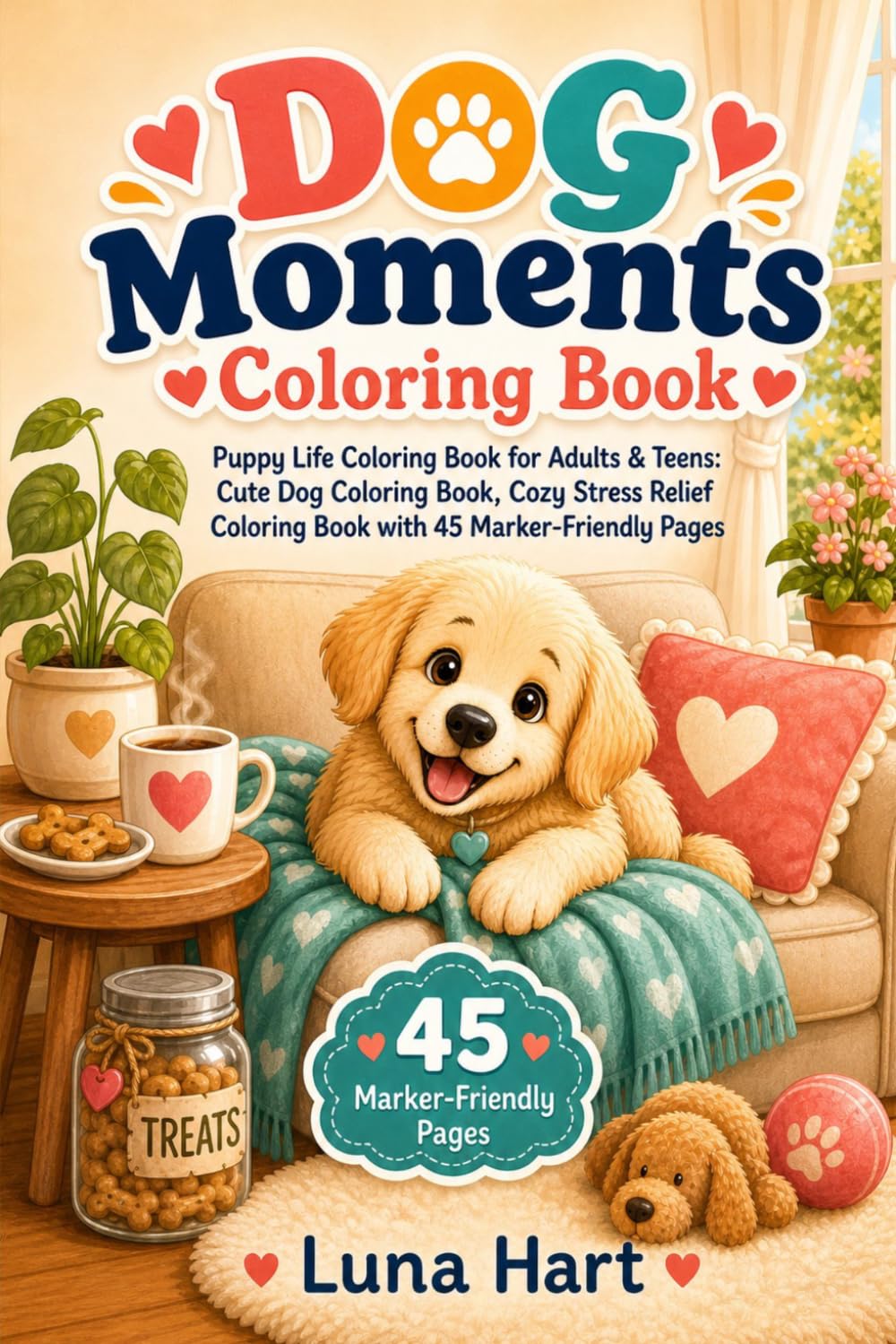Dog Moments Coloring Book: Puppy Life Coloring Book for Adults & Teens, Cute Dog Coloring Book, Cozy Stress Relief Coloring Book with 45 Marker-Friendly Pages