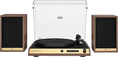 Crosley C72 - Tocadiscos Bluetooth de 2 velocidades con transmisión por correa con altavoces de 80 W y brazo de fibra de carbono, nogal