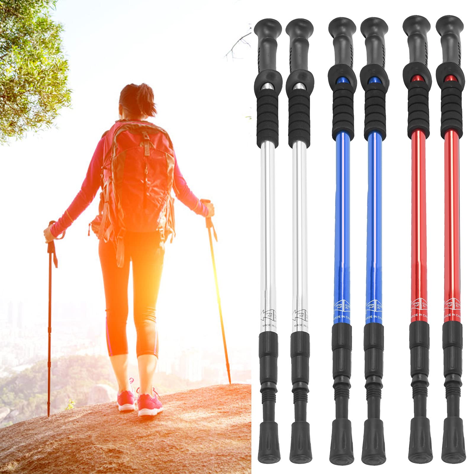 JEOZBM Bastones de Senderismo, Paquete de 2 Bastones de Senderismo O Bastones para Caminar, Bastones de Esquí Ligeros y Antichoque para Senderismo, Escalada, Camping, Esquí, Etc.(Rojo)