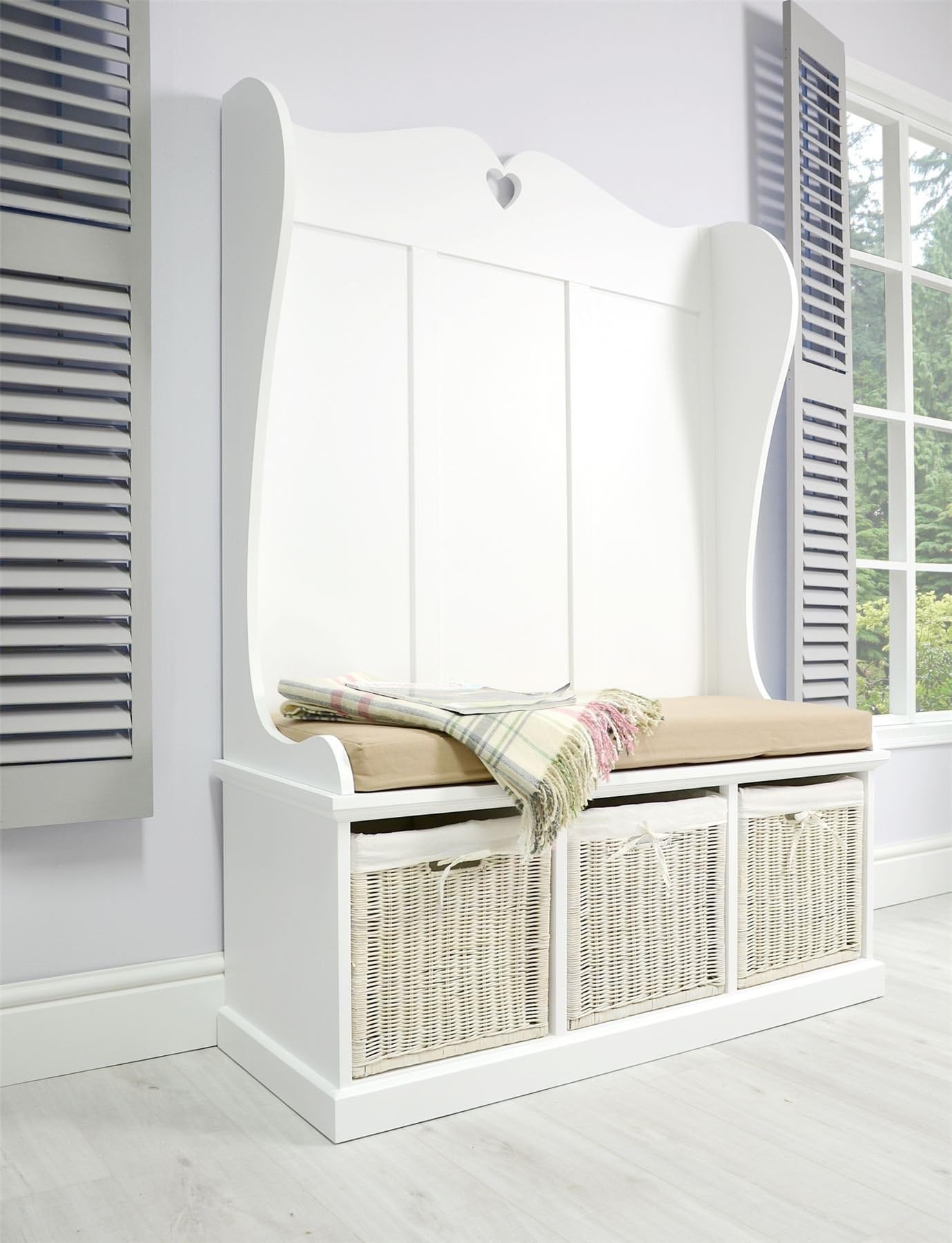Tetbury Monks bench with storage baskets and cusion. Large hallway storage bench with 3 white real wicker baskets. VERY STURDY