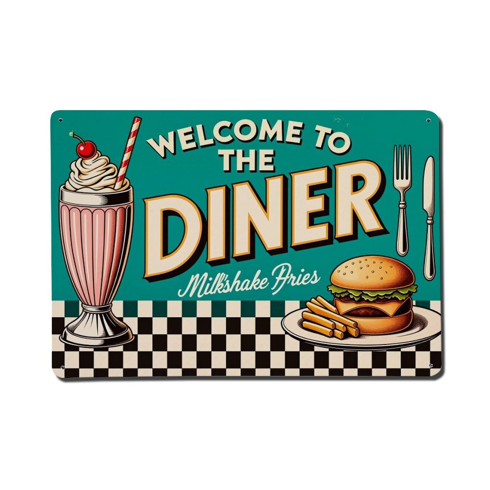 Retro Diner Sign With Milkshake Burger And Fries Tin Sign Vintage Metal Poster, Home Bar Garage Man Cave Cafe Indoor & Outdoor Wall Decoration 8x12Inches