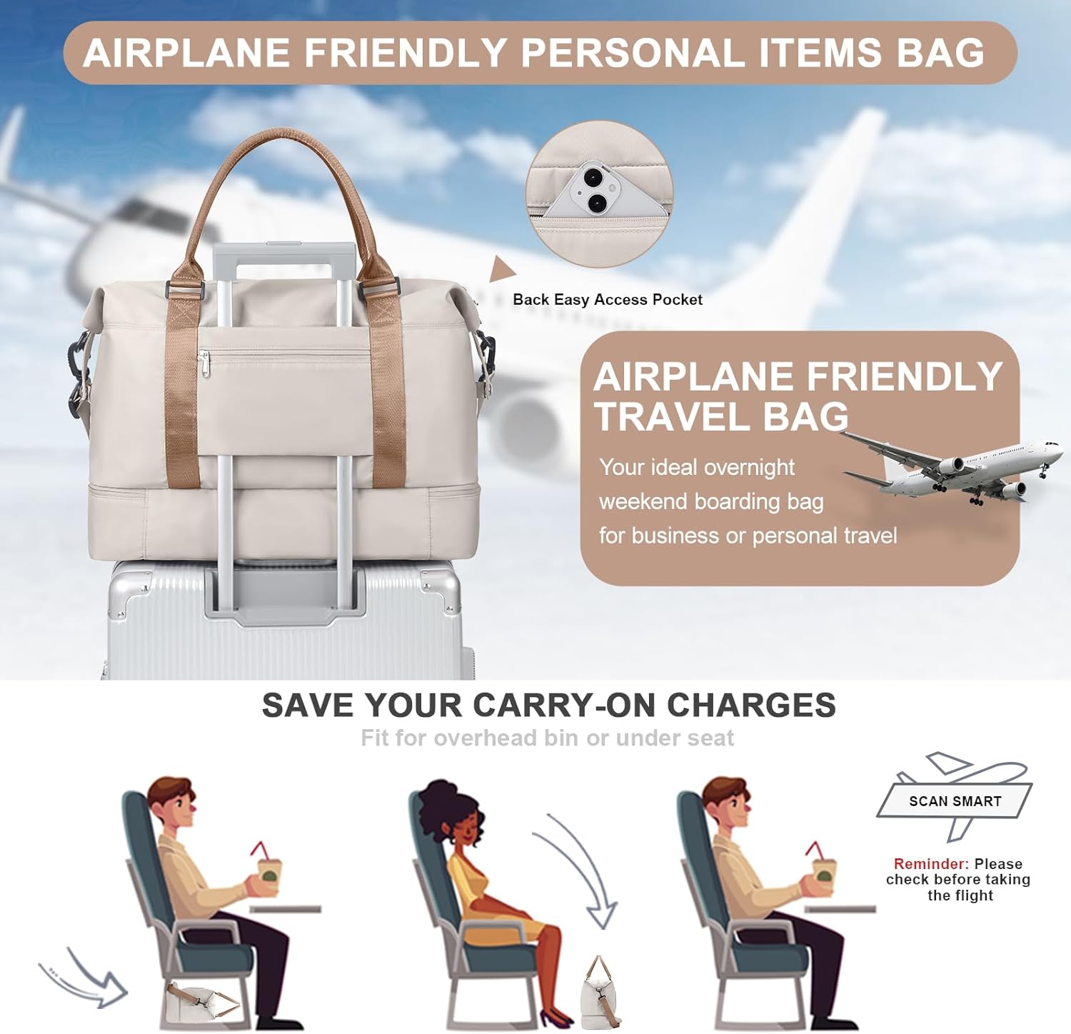 Weekender Bags for Women,Travel Duffle Overnight Bag with Shoe Compartment,Personal Item Carry On Bag,Beige & Brown,Extra Large,3 Pcs Set - Image 6