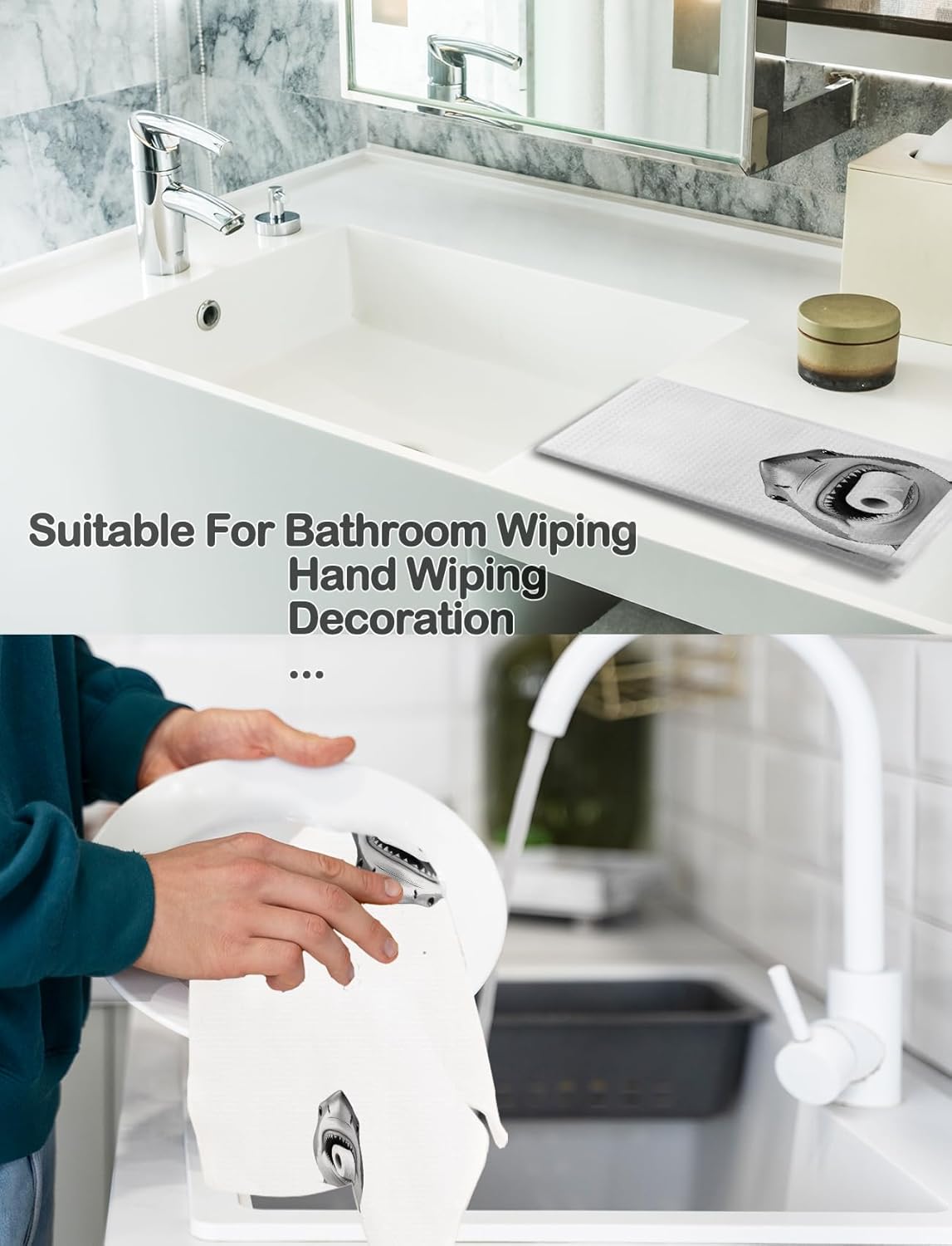 Funny Shark Bathroom Hand Towels, Shark Bathroom Decor, Sharks Gifts for Women Kids, Rubber Duck and Sea Animals Decorative Hand Towels for Bath Room, 16x24 Inch Set of 2 - Image 6