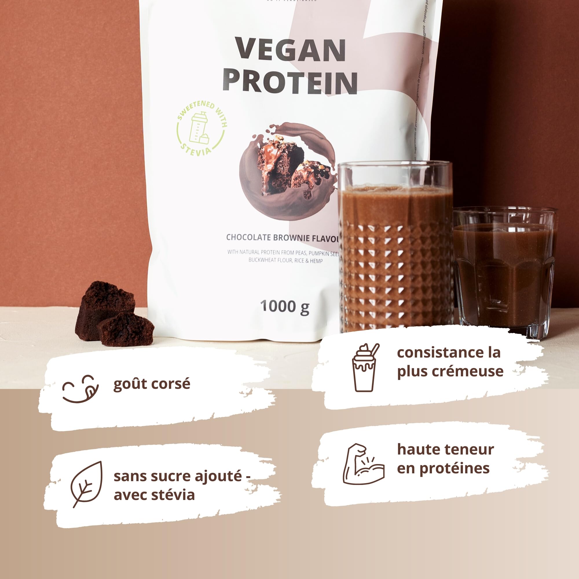 Nutri + Protéine végan - Brownie au chocolat Poudre de protéines végétaliennes sans sucralose ni soja Protéines de riz, pois, chanvre, sarrasin et de graines de citrouille 1kg