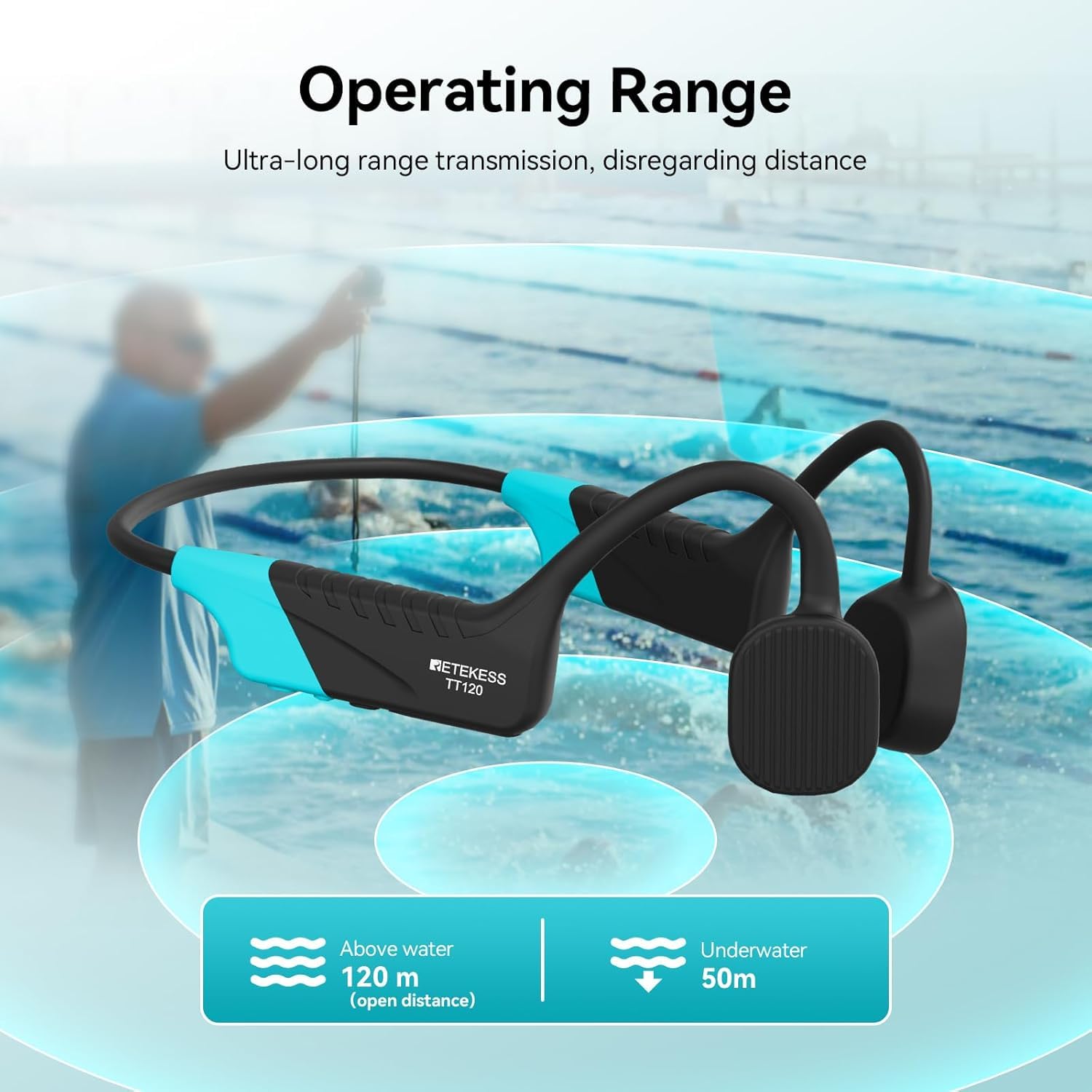 Retekess TT120 Récepteur de Casque de Natation, Casque à Conduction Osseuse pour La Natation, IP68 étanche, 120 M, Système de Communication sous-Marine pour Le Coaching en Temps Réel