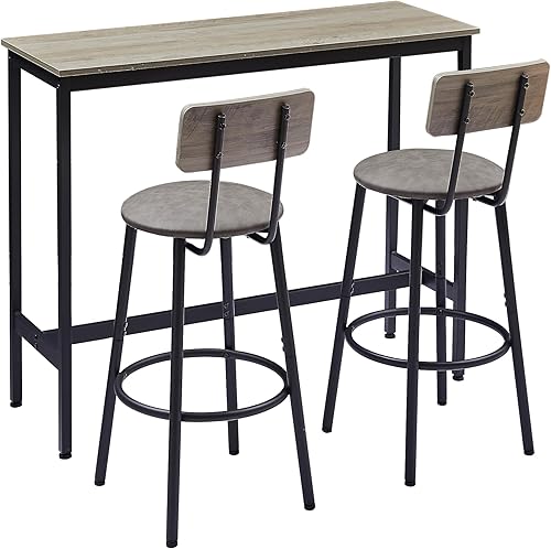 Miniatura 8 de Juego con 2 taburetes de bar PU asiento suave con respaldo y reposapiés, sala de estar, comedor y espacios pequeños, fácil de montar, gris, mesa y