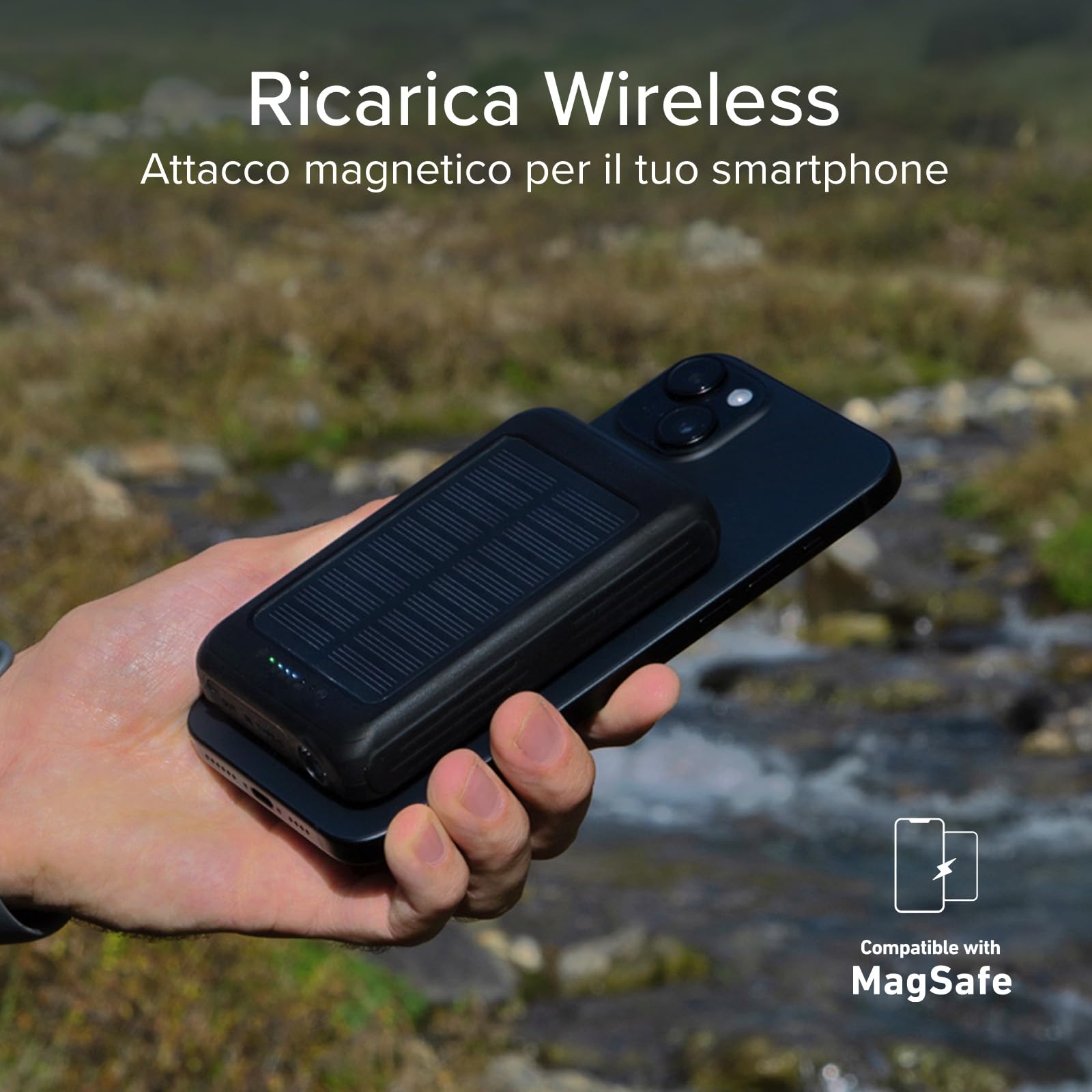 SBS Solar MagSafe PowerBank, 5000mAh, Power Bank con Pannello Solare | Ricarica Wireless, Intelligent Charge (IC), Torcia LED, Caricabatterie Portatile da Viaggio, Design Compatto, Nero