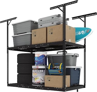 FLEXIMOUNTS 3x6 2-Tier Overhead Garage Storage Rack Adjustable Heavy Duty Metal Garage Ceiling Storage Racks, 880 lbs Capacity Garages Organization System for 915 ft Tall Garages, Black
