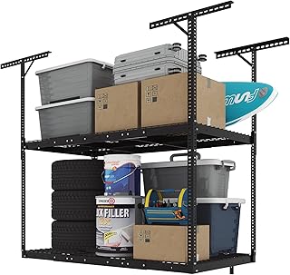 FLEXIMOUNTS 3x6 2-Tier Overhead Garage Storage Rack – Adjustable Heavy Duty Metal Garage Ceiling Storage Racks, 880 lbs Capacity – Garages Organization System for 9–15 ft Tall Garages, Black