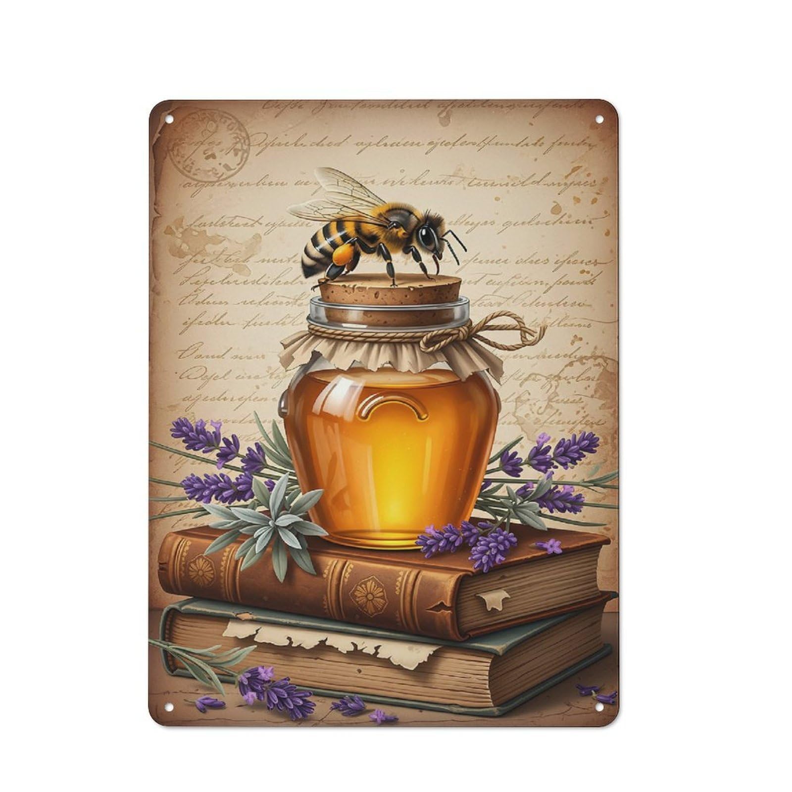 Junmoney Style Tin Sign 40X30cm With Honey Jar With Bee And Lavender For Workshop Wall, Rustic Decor, Suited To Workshop Decor Fans