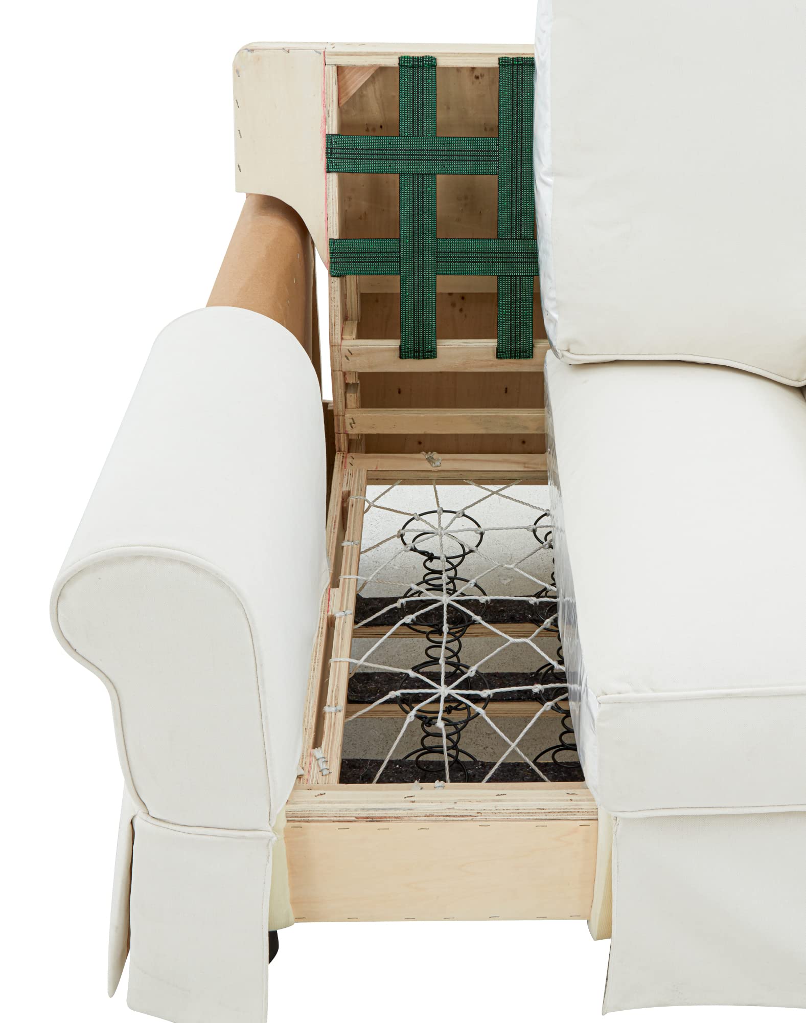 Indre view of the sofa frame showing spring construction and webbing.