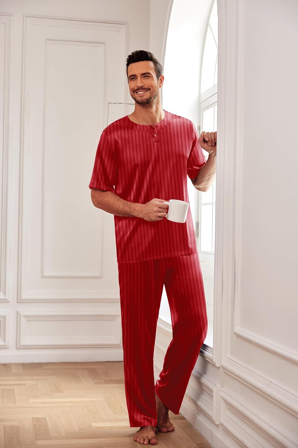 Ekouaer Mens Silk Satin Pajama Set Short Sleeve Sleepwear Silky Loungewear with Long Pants - Image 2