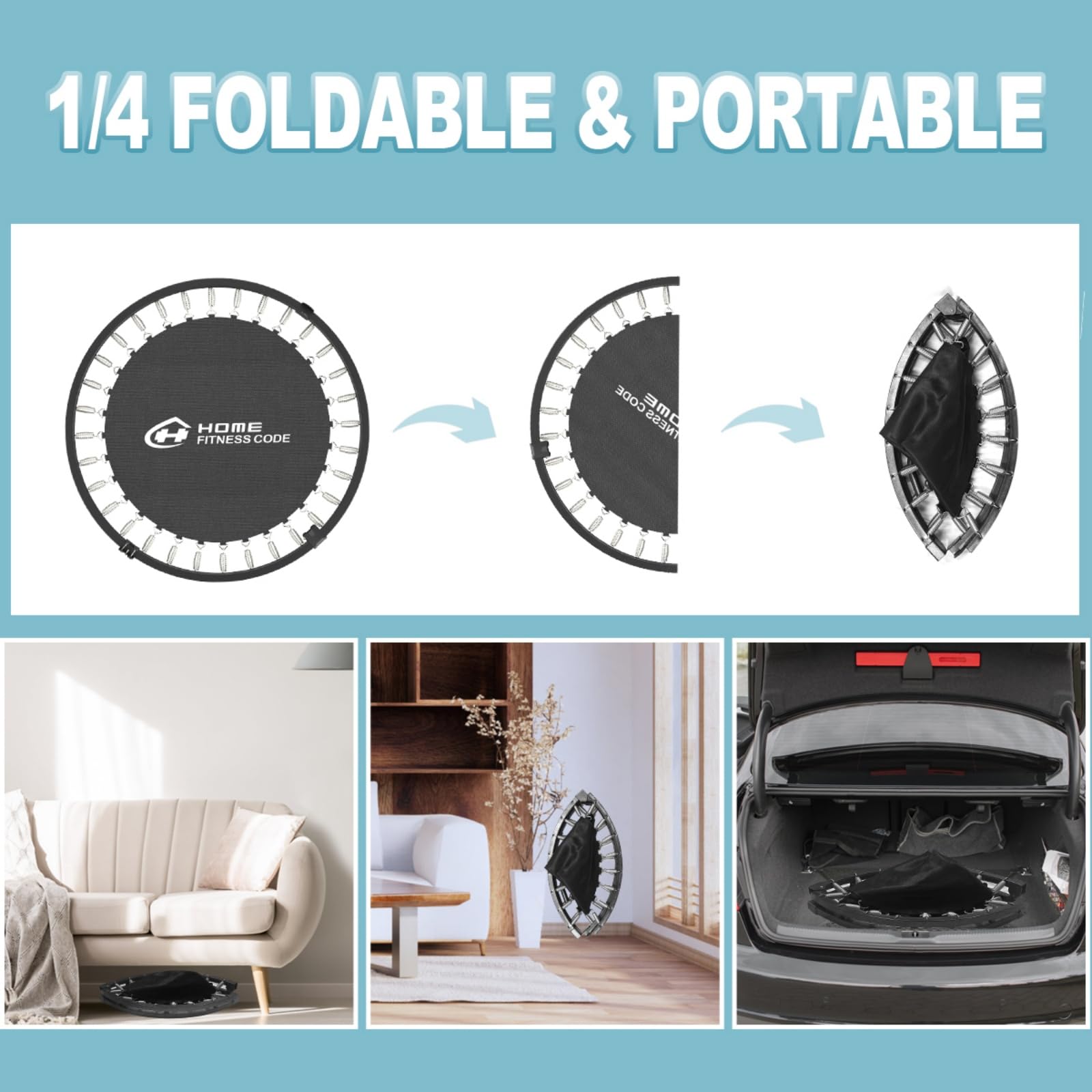 Mini trampoline de fitness pliable de 101,6 cm pour adultes et enfants – Capacité de 150 kg, poignée et pieds antidérapants, 32 ressorts en acier, pour exercices d'intérieur/extérieur