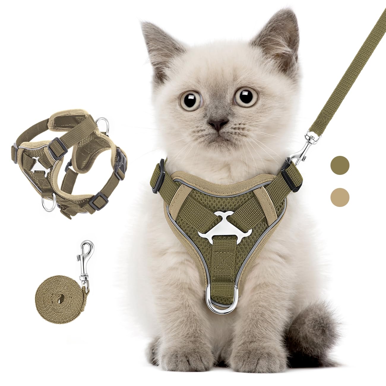 VavoPaw Pettorina per Cani con Guinzaglio da 1,5M, Imbracatura per Gatti Antifuga con Rete Traspirante e Strisce Riflettenti, Gilet Morbido e Regolabile per Cani Gatti, S, Cachi