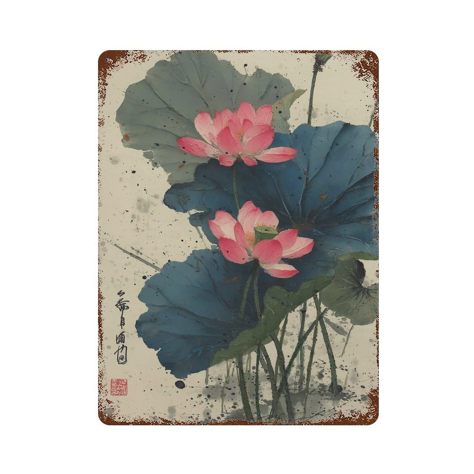 xiaoxiaoshen Lotus Flower Asian Japanese Watercolor Botanical Oriental Floral Work Zen Nature Wall Decor Art Metal Tin Poster Modern Home Decor Art Home Bar Shop Decorations Vintage Sign 40x30cm