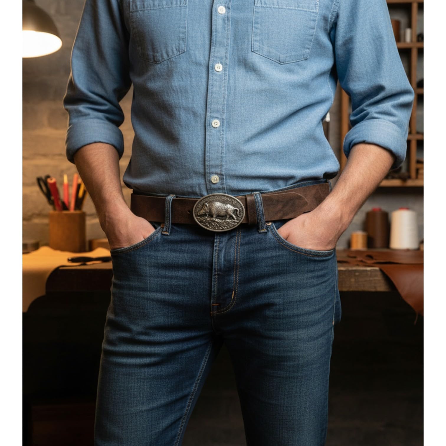 FRONHOFER Trachtengürtel Leder 4 cm mit Wildsau Gürtelschnalle Silber 7,5x6 cm, Wechselgürtel für Lederhose und Jeans, Größen 95-125, Made in Germany