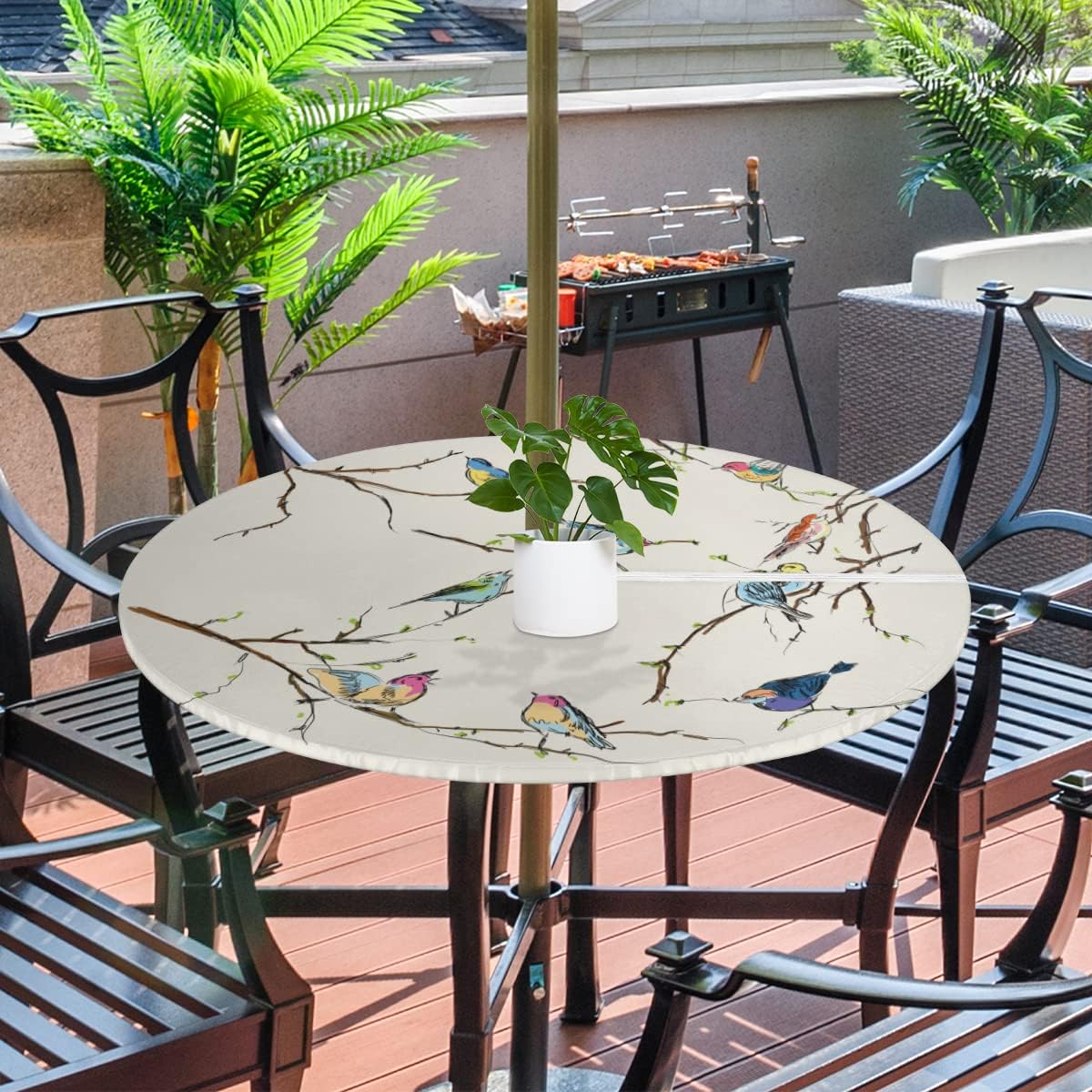 Colorful Bird Round Outdoor Fitted Tablecloth with Umbrella Hole Zipper, Rainbow Little Birds Elastic Edged Table Cloth Waterproof Wipeable Table Cover for Patio Party Picnic, 36"-44"