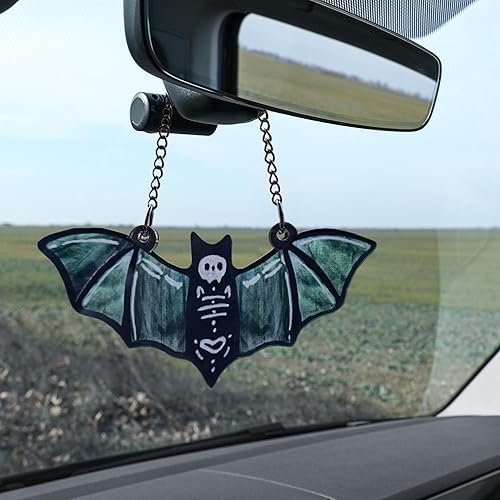 Green Bat Car Accessories Goth Decor Hanging Decoration Mirror Charm Skull Gardening Rear View Interior Mirror Accessories Car Decoration Mirror Hanging