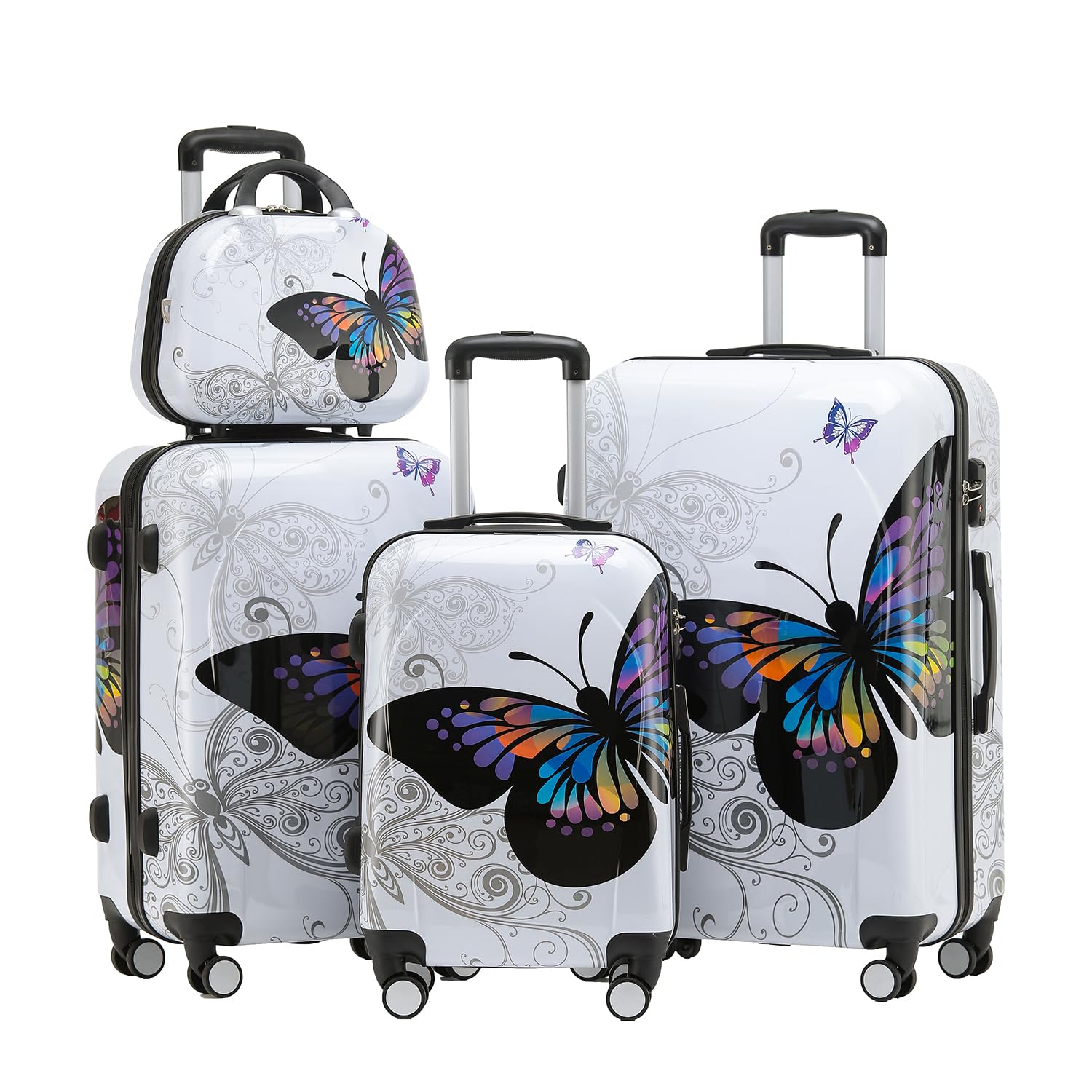 BEIBYE Butterfly 2060 TSA-Schloss 4-TLG. Reisekoffer Trolley – Robustes Hartschalen Kofferset inkl. Handgepäck und Beautycase