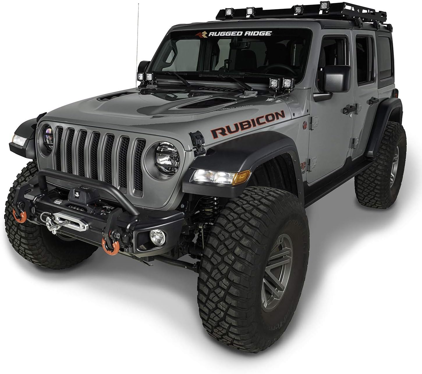 Rugged Ridge Arcus Bumper, Front for Jeep Wrangler/Gladiator | Stubby w/Tubular Overrider, Steel, Black | 11549.05 | Fits 2018-2025 Jeep Wrangler JL; 2020-2025 Jeep Gladiator JT