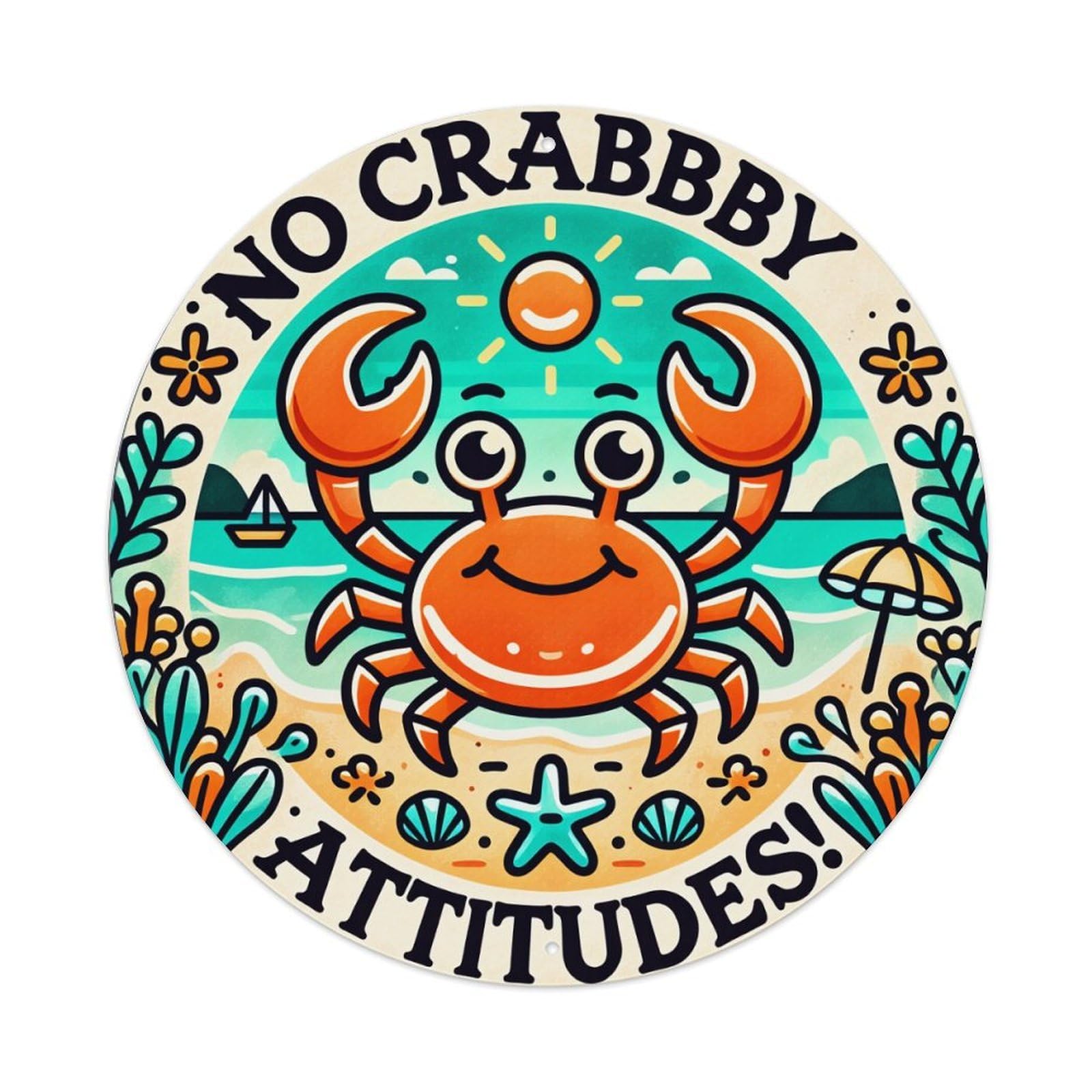 Crab Beach Sun Sea Shell Round Tin Sign Vintage Metal Poster, Home Bar Garage Man Cave Cafe Indoor & Outdoor Wall Decoration 8x8Inches