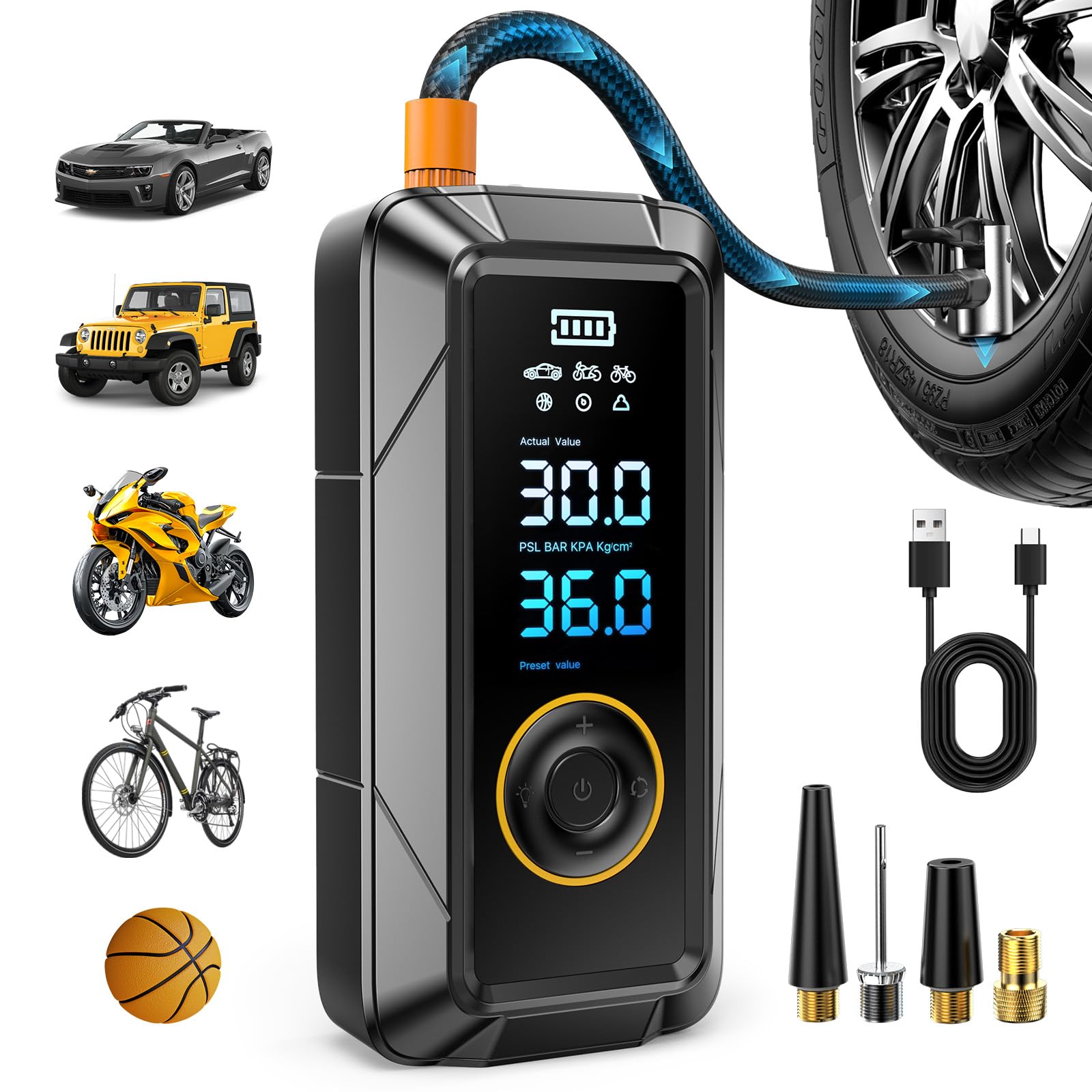 Tire Inflator Portable Air Compressor Portable Air Pump Cordless Bike Pump with Digital Dual Values Display 150 PSI Car Tires Pump with LED Lights Air Pump