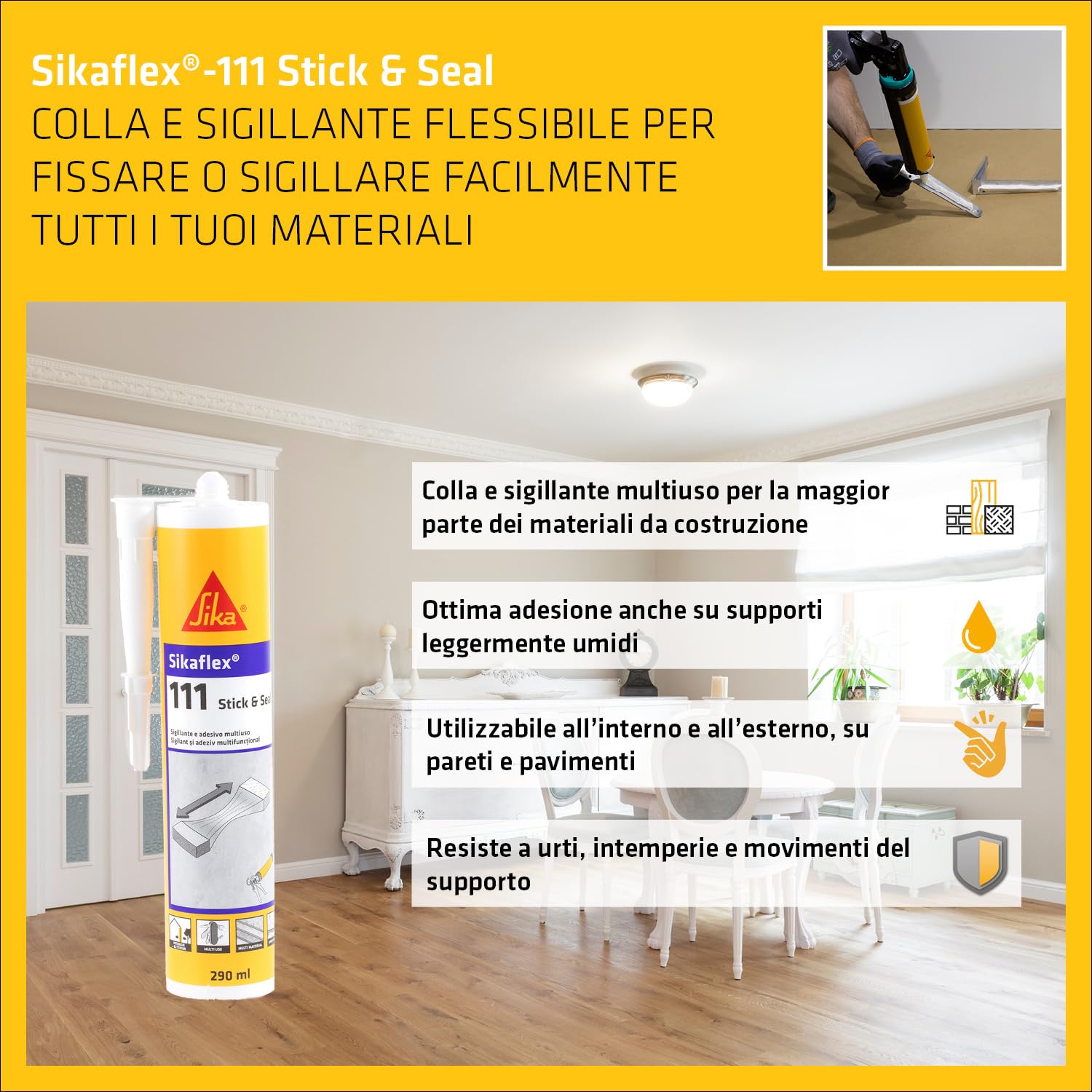 SIKA - Sigillante adesivo multiuso - Sikaflex-111 Stick & Seal, Grigio - Ideale per esterni, resistente e flessibile - La soluzione pronta all'uso per ogni fissaggio - 290ml