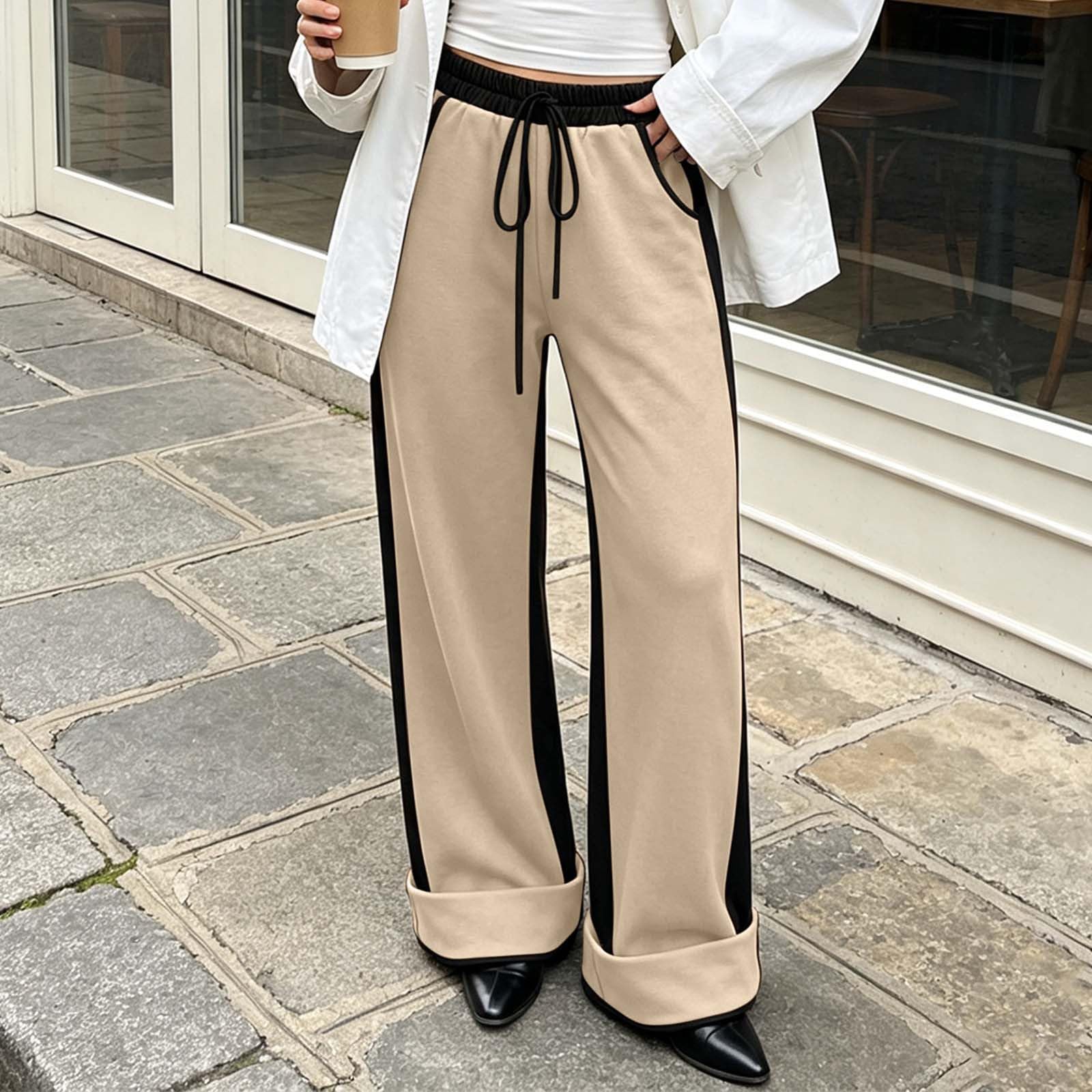 Pantalon Droit Femme Bloc De Couleurs Ourlet Retroussé Poches Décontracté