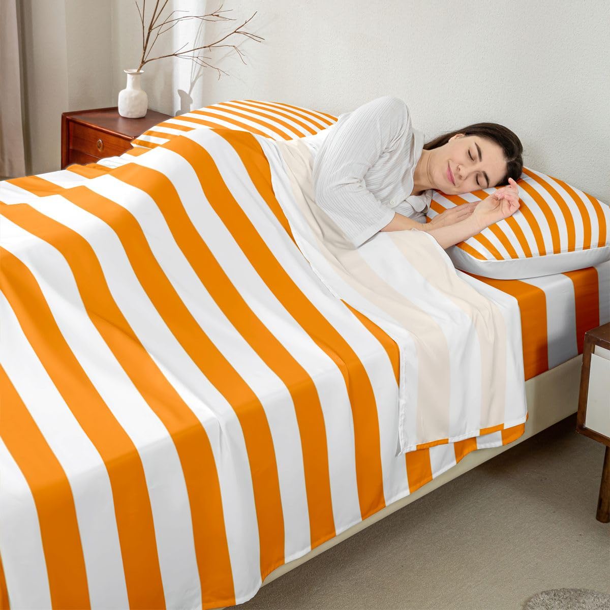 Manfei Orange-weiß gestreiftes Kinder-Bettlaken, volle Größe, gestreift, Retro, abstrakt, ästhetisches Bettwäsche-Set, modern, geometrisch, minimalistisch, Kinderzimmer-Dekor, schlichtes klassisches