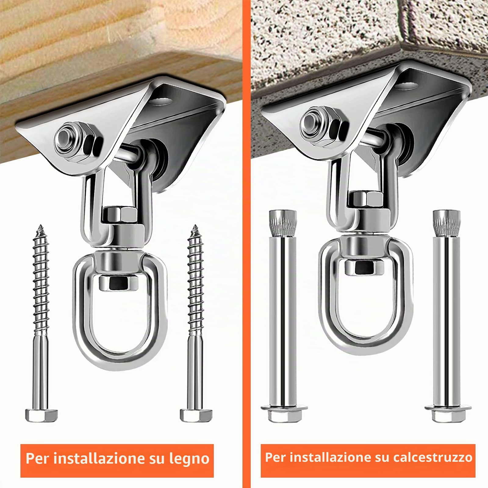 Gancio Soffitto Ganci Altalena 360° Rotazione Set Suspension Hanging Chair, 304 Acciaio Inox Supporto Sacco da BoxeCapacità di 450KG per Calcestruzzo e Legno, Altalena, Yoga, Amaca, Sacco da Boxe