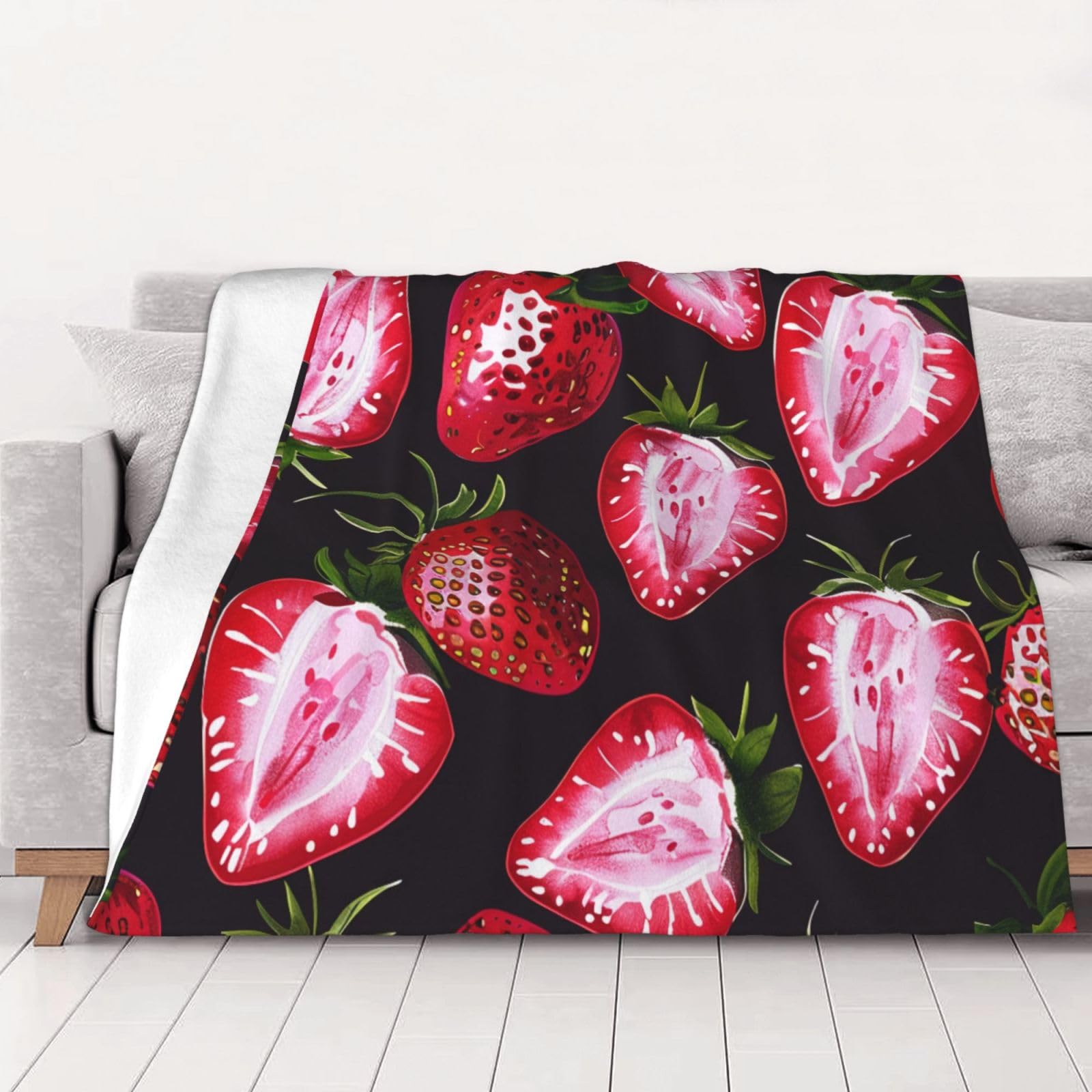 Plaid en flanelle motif fraise 150x125 cm idée cadeau femmes et hommes