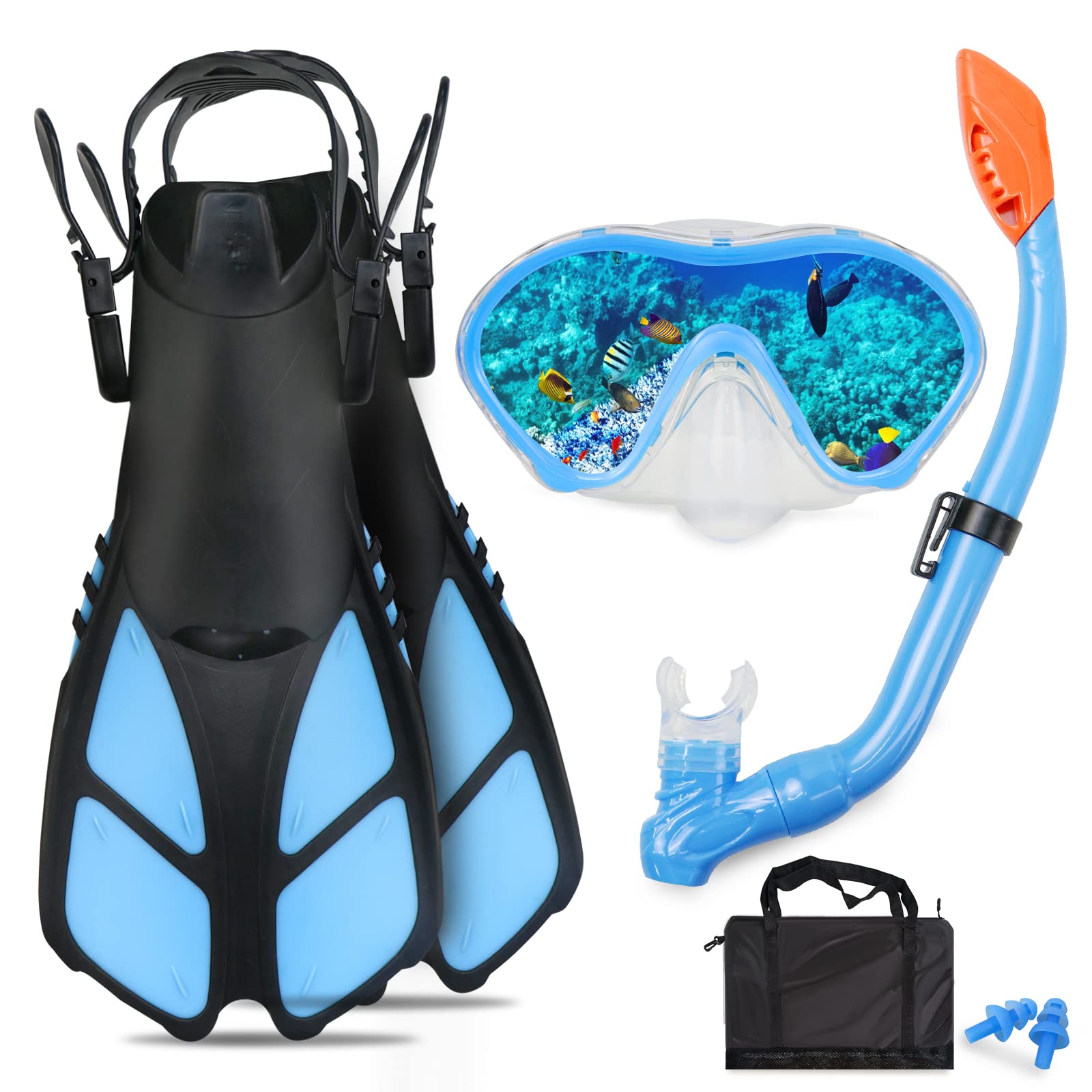 Set da snorkeling per bambini, pinne regolabili + maschera panoramica + tubo da snorkeling asciutto + borse da viaggio - adatto per bambini e ragazzi, età 5-14 anni