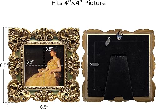 Miniatura 5 de CISOO Marco de fotos pequeño vintage de 4 x 4, marco de fotos cuadrado verde y dorado antiguo para mesa y exhibición de pared, diseño floral