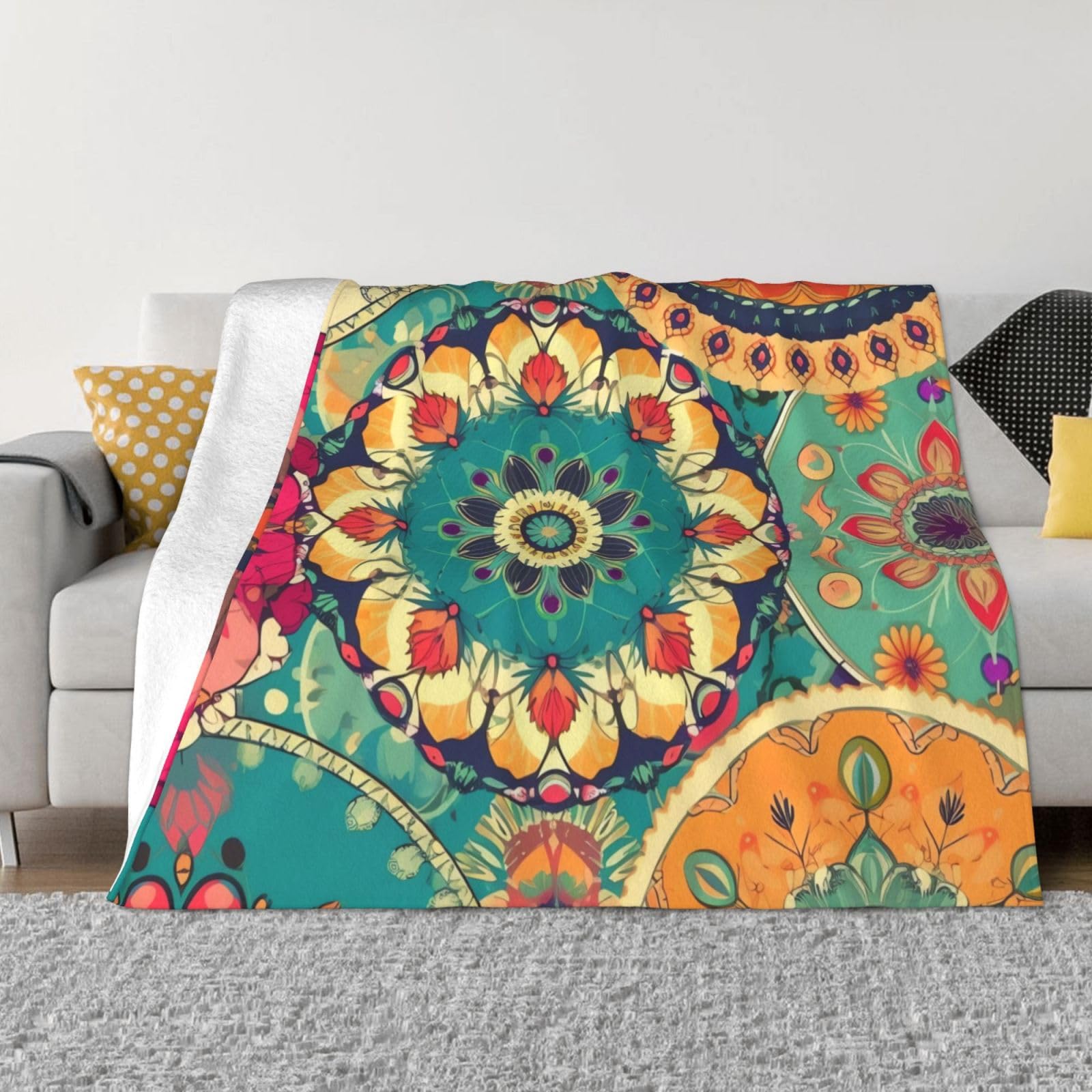 Couverture polaire ronde à imprimé floral flanelle douce pour lit et canapé 152x127 cm