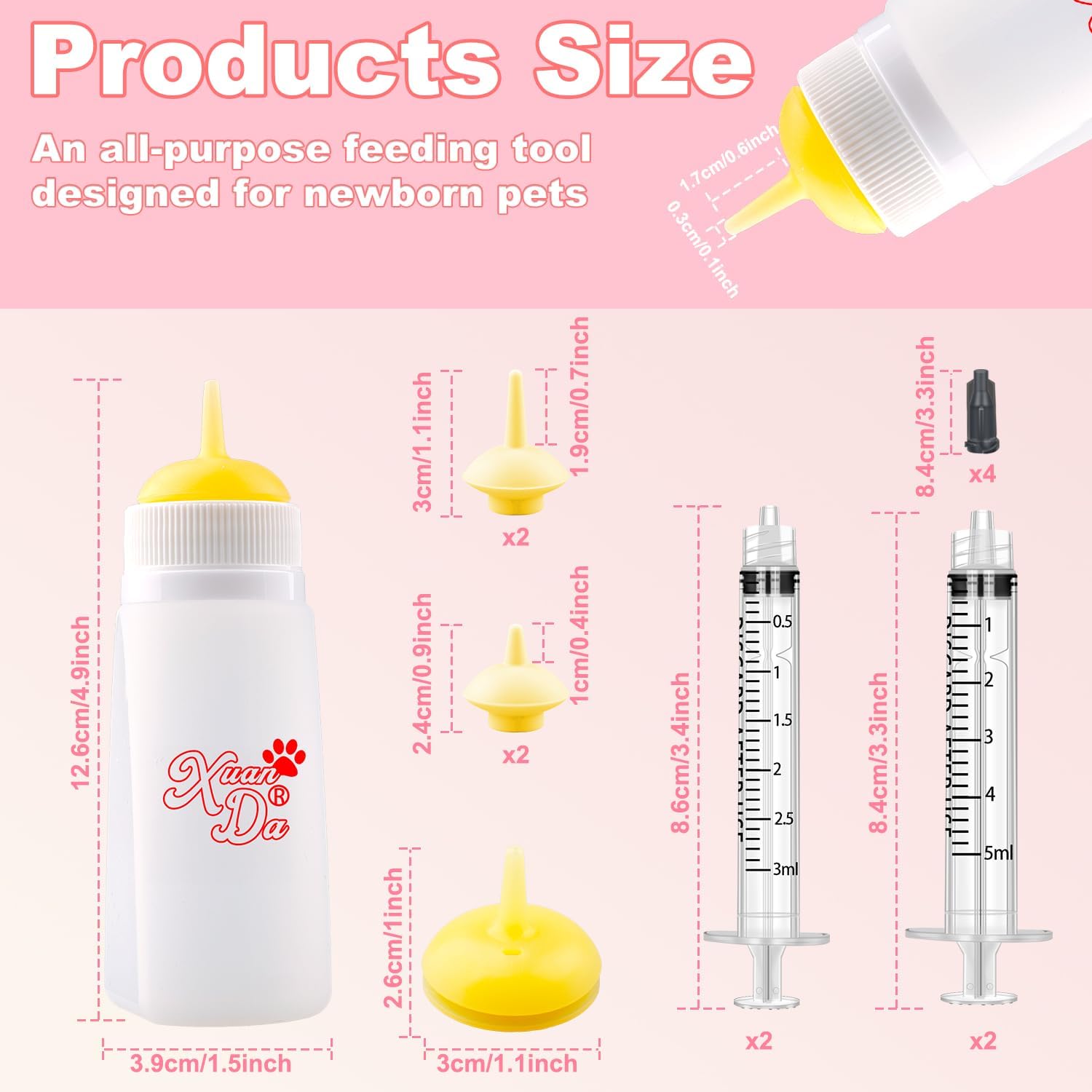 Kitten Bottle Feeding kit with Feeding Nipple and Syringe, Soft Silicone Nursing Pet Feeding Bottle, Ventilation Valve Resistant Tearing for Small Puppies, Kittens, Rabbit (M Nipple-Yellow)
