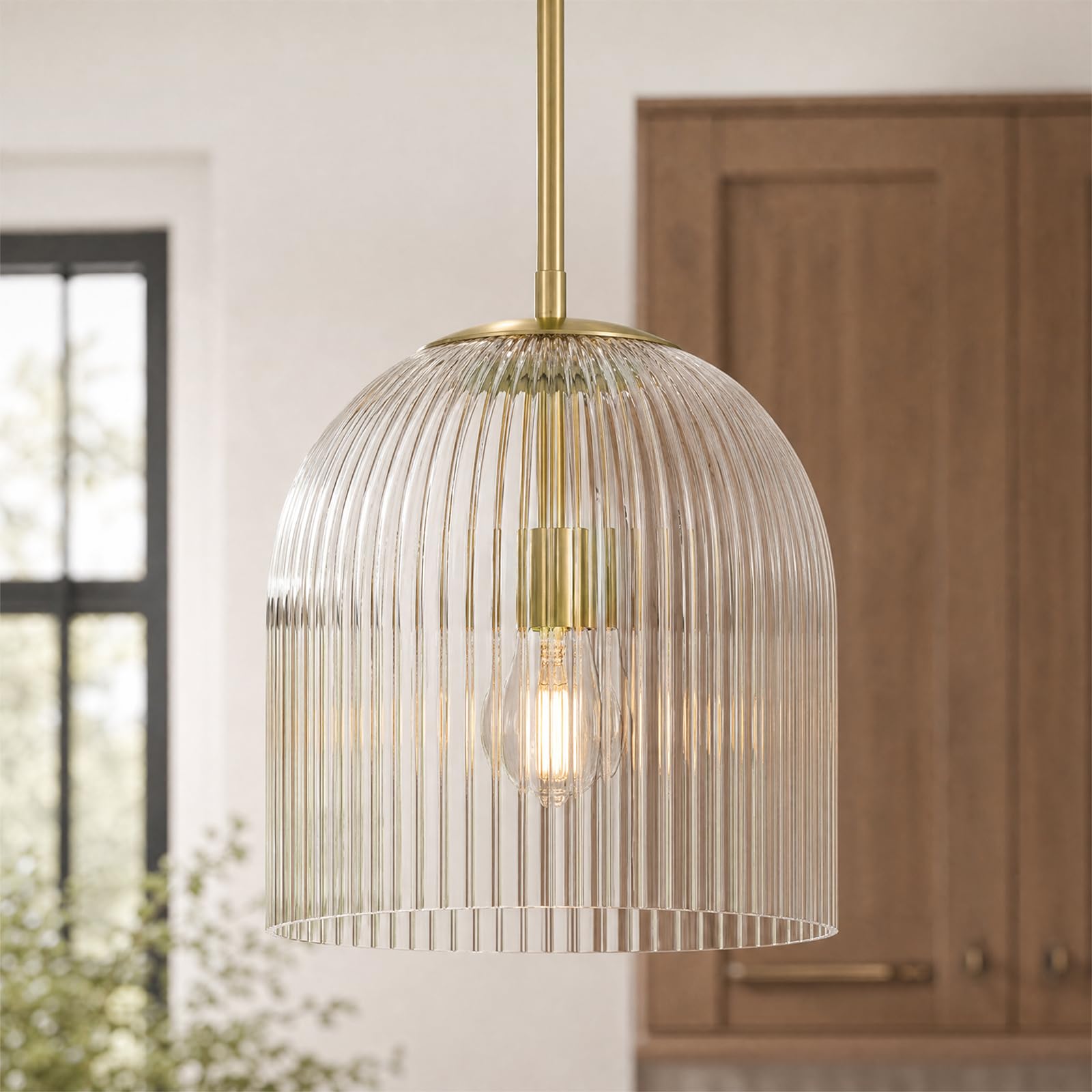Photo 1 of CKENSU Ribbed Glass Pendant Light Fixture, Clear, 10 Inch