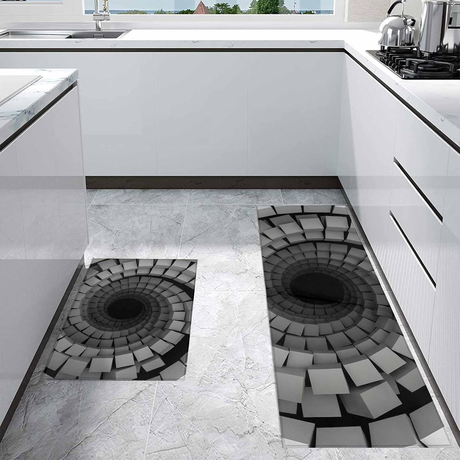 Teamery Kitchen Mats for Floor Geometric Cube Vortex Washable Non Slip Kitchen Rugs 2PCS, Modern 3D Background Absorbent Standing Mats for Sink Bathroom Office Living Room 15.7x23.6in+15.7x47.2in