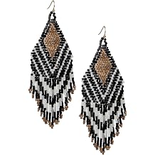 SPUNKYsoul Handmade Beaded Boho Earrings, Ombre Mixed Metallic Seed Bead Long Fringe Statement Earrings, Jewelry for the Modern Bohemian Women GOLD,BLACK & WHITE