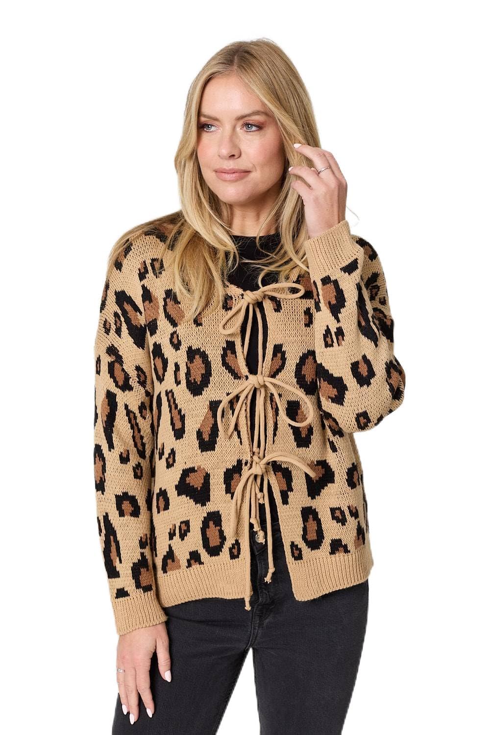 Izabel London Brown Animal Print Tie Front Cardigan - S/M