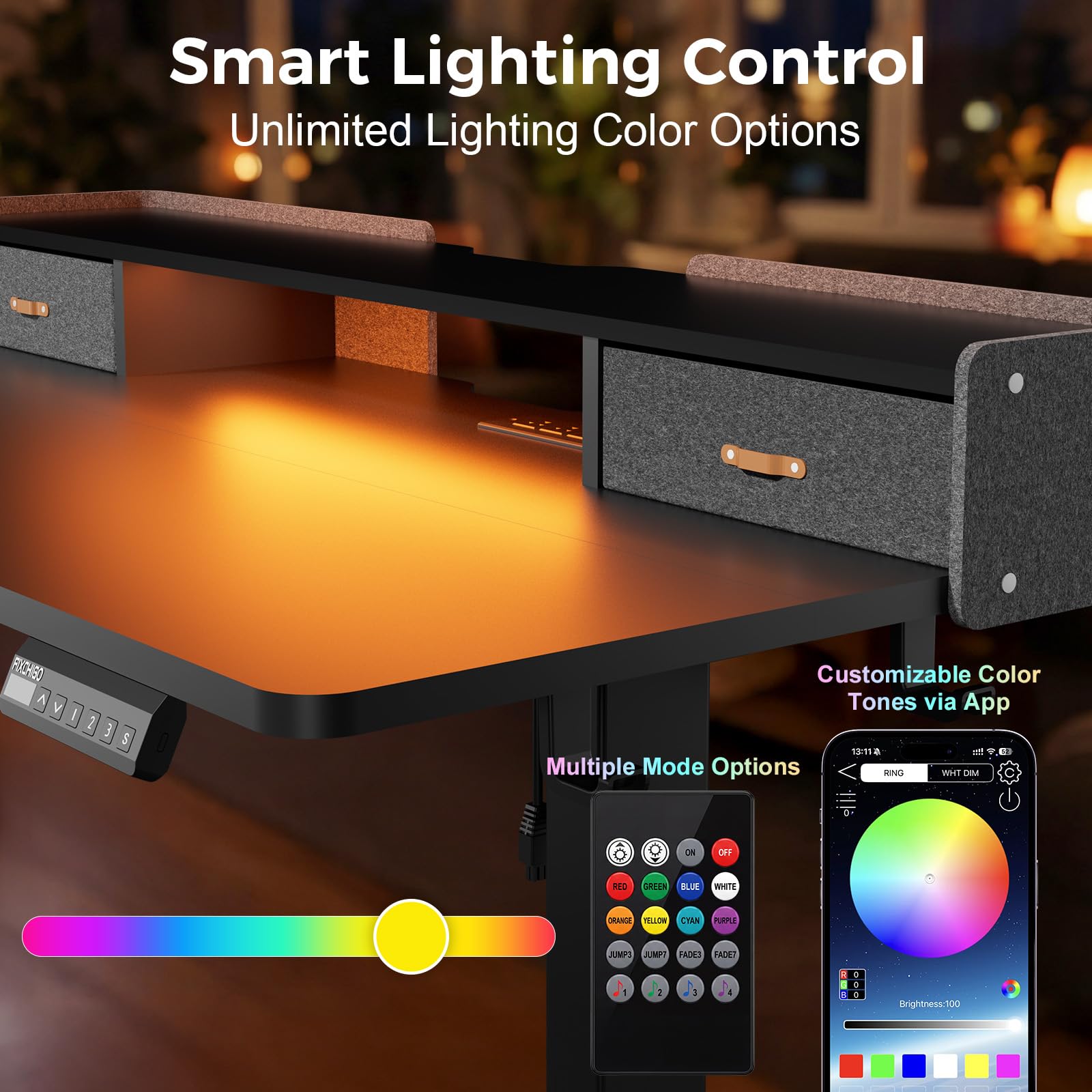 Electric Standing Desk with Drawers 63 Inch Height Adjustable Desk with Power Outlets LED Lights Sit Stand Table — view 8