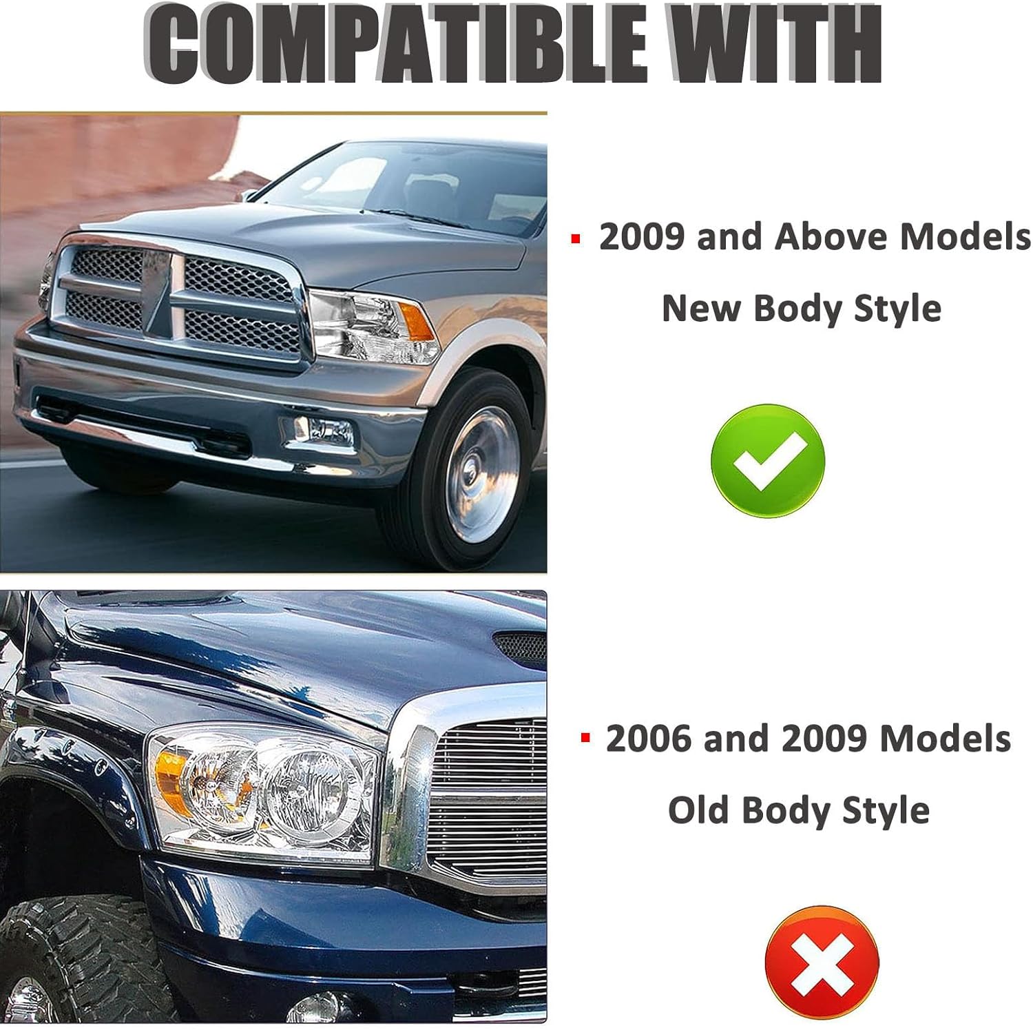 APSVE Headlights Assembly for 2009-2018 Dodge Ram 1500 Head lights compatible with 2010-2018 Ram 2500 3500 Headlamp Chrome Housing Amber Reflector Headlamp Replacement Left and Right