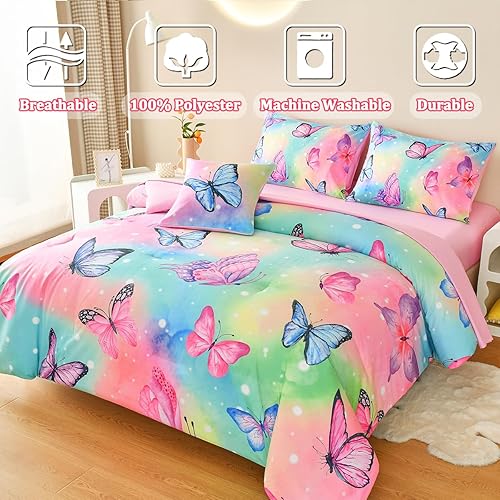Miniatura 3 de Tasselily Juego de ropa de cama de mariposa tamaño matrimonial, juego de edredón de mariposa rosa para niñas, niños y adolescentes, 6 piezas de cama