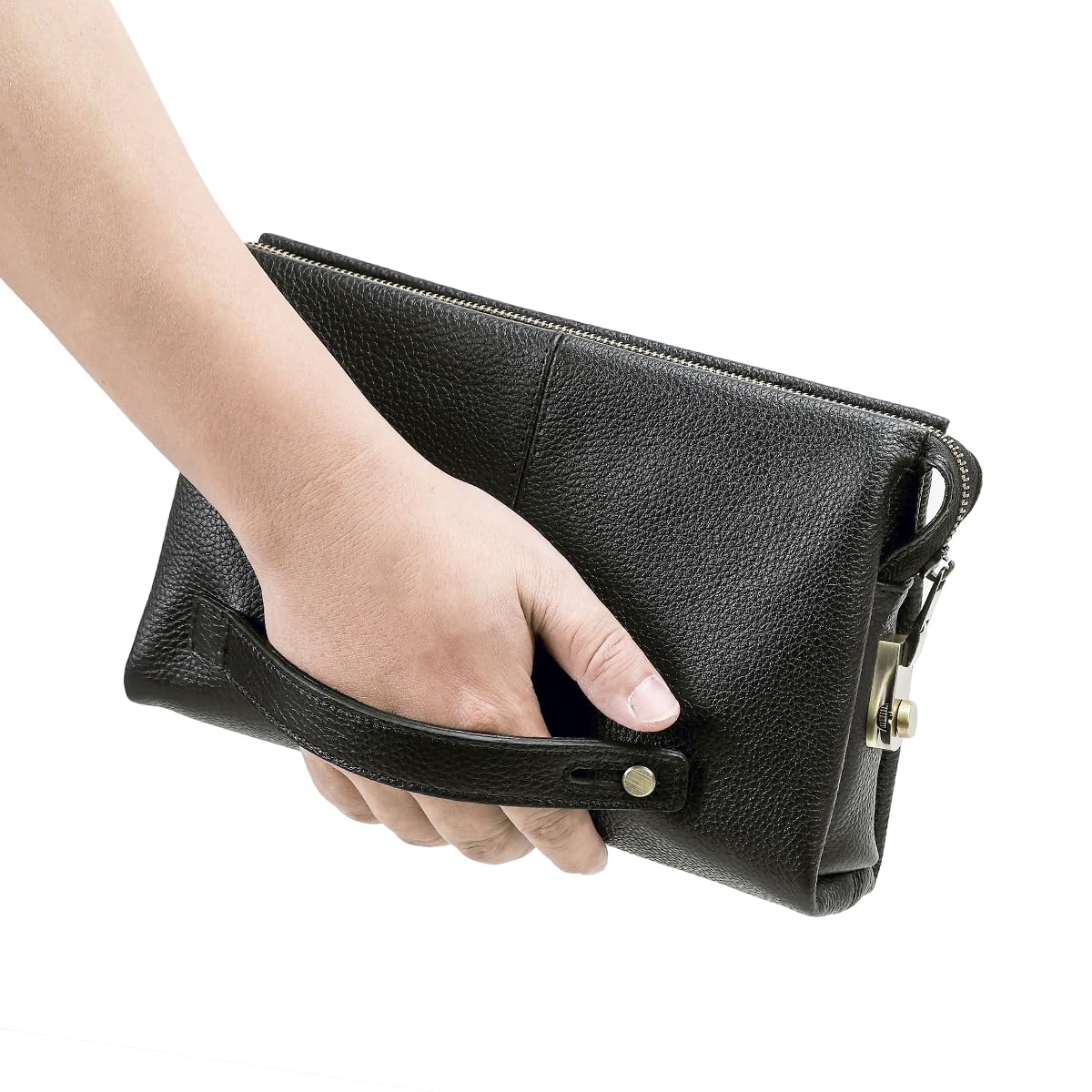 Contacts Herren Leder ID-Karte Organizer Kupplung, großer Anti-Diebstahl-Schutz für Reise und Reisepass, Telefonhalter, Handtasche mit Armband, Schwarz