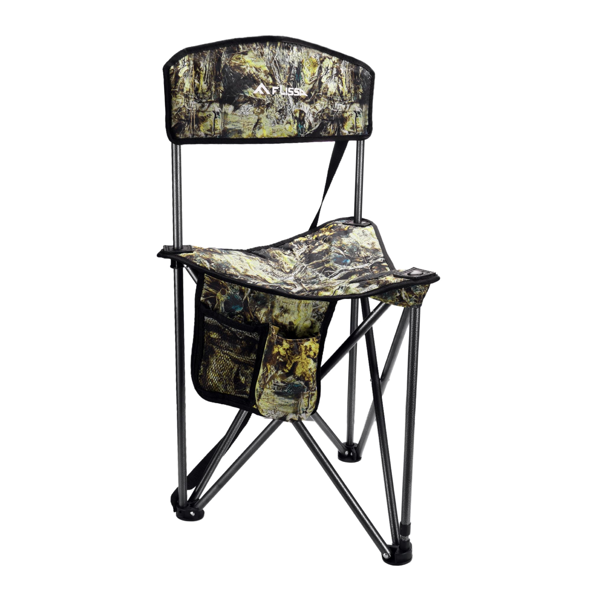 FLISSA Tripod Hunting Chair with Backrest, Portable Hunting Stool Supports 250 LBS, Foldable Camo Seat with Carry Strap for Hunting, Hiking, Fishing and Camping
