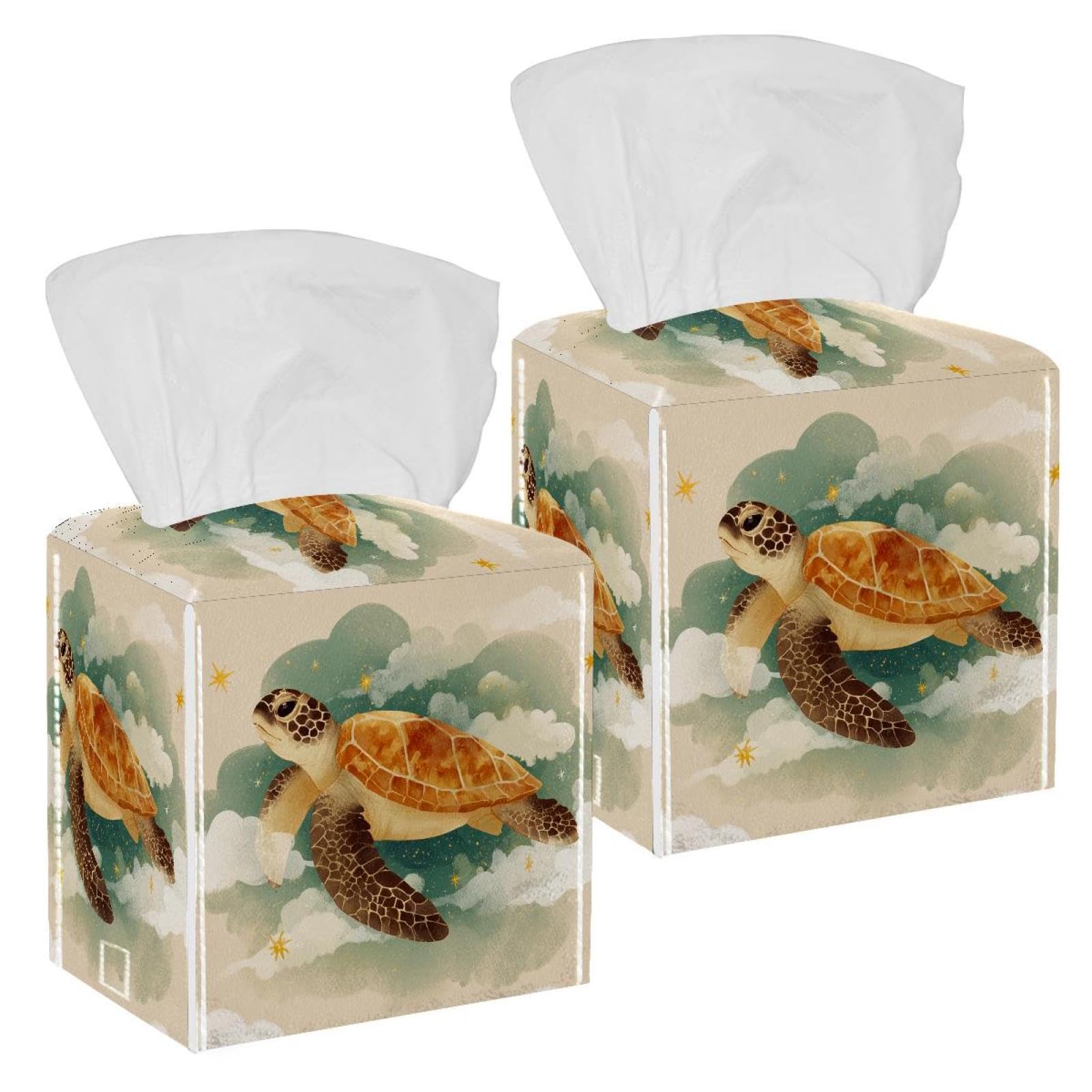 Sea Turtle and Cloud Tissue Box Cover, 2 Pack PU Leather Square Facial Tissue Dispenser Box holder for Home Office Car