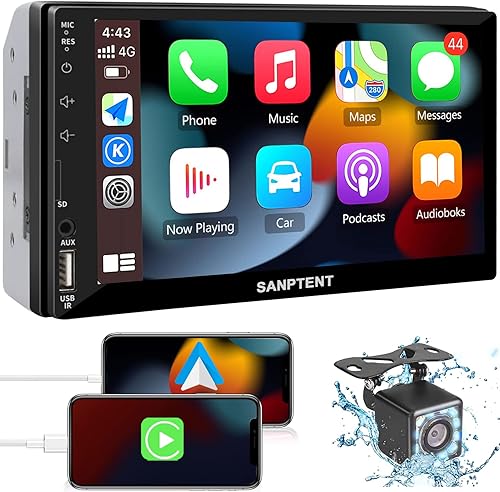 Receptor de audio de radio para auto de doble DIN para Apple Carplay, Android Auto, Mirror Link, pantalla táctil de 7 pulgadas, cámara de reversa,