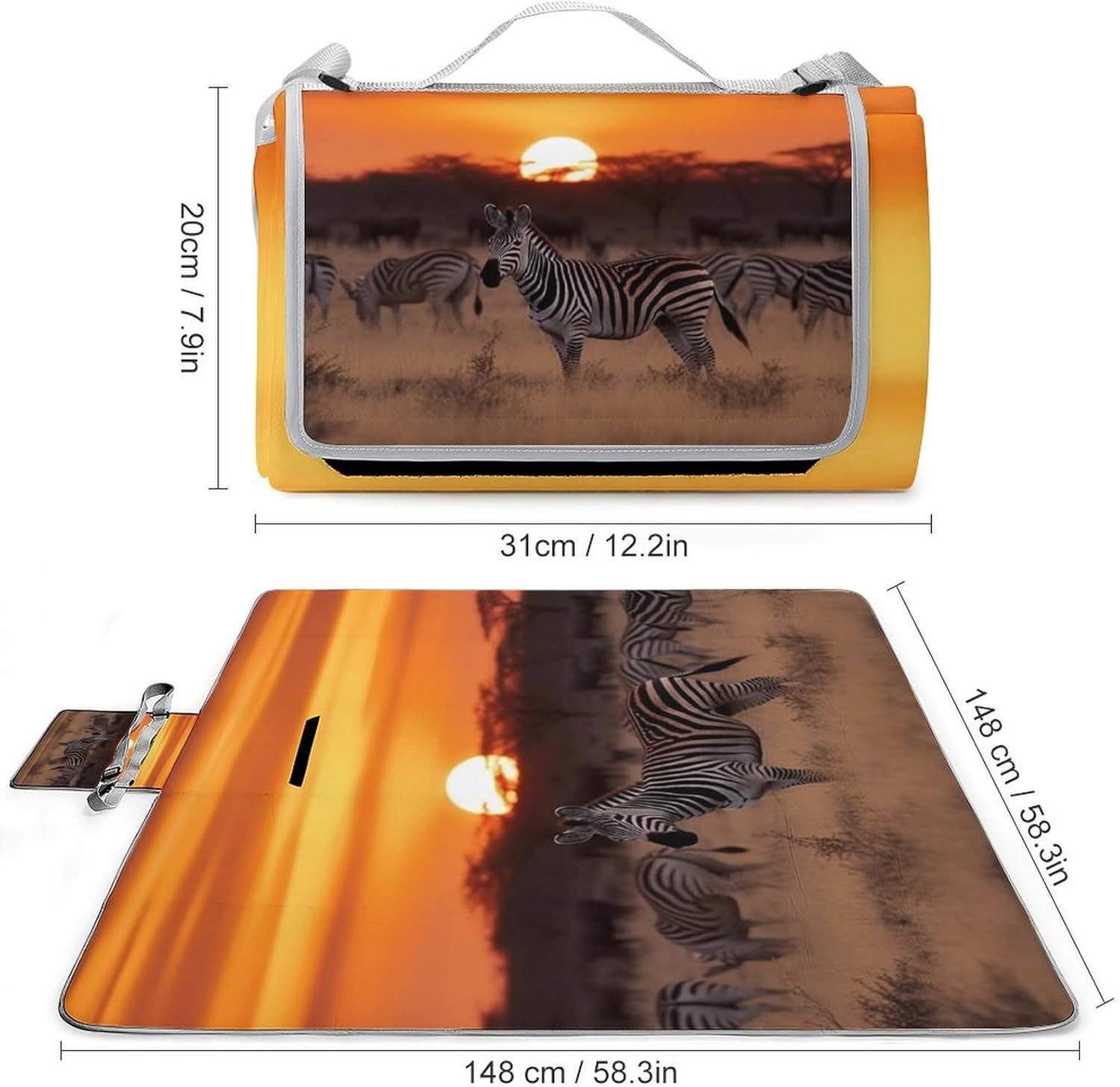 Africa Sunset Zebra Waterproof Picnic Blanket 58.3''x58.3'',Portable and Foldable Picnic Mat with Handle,Outdoor Blankets for Lawn Park Beach Travel